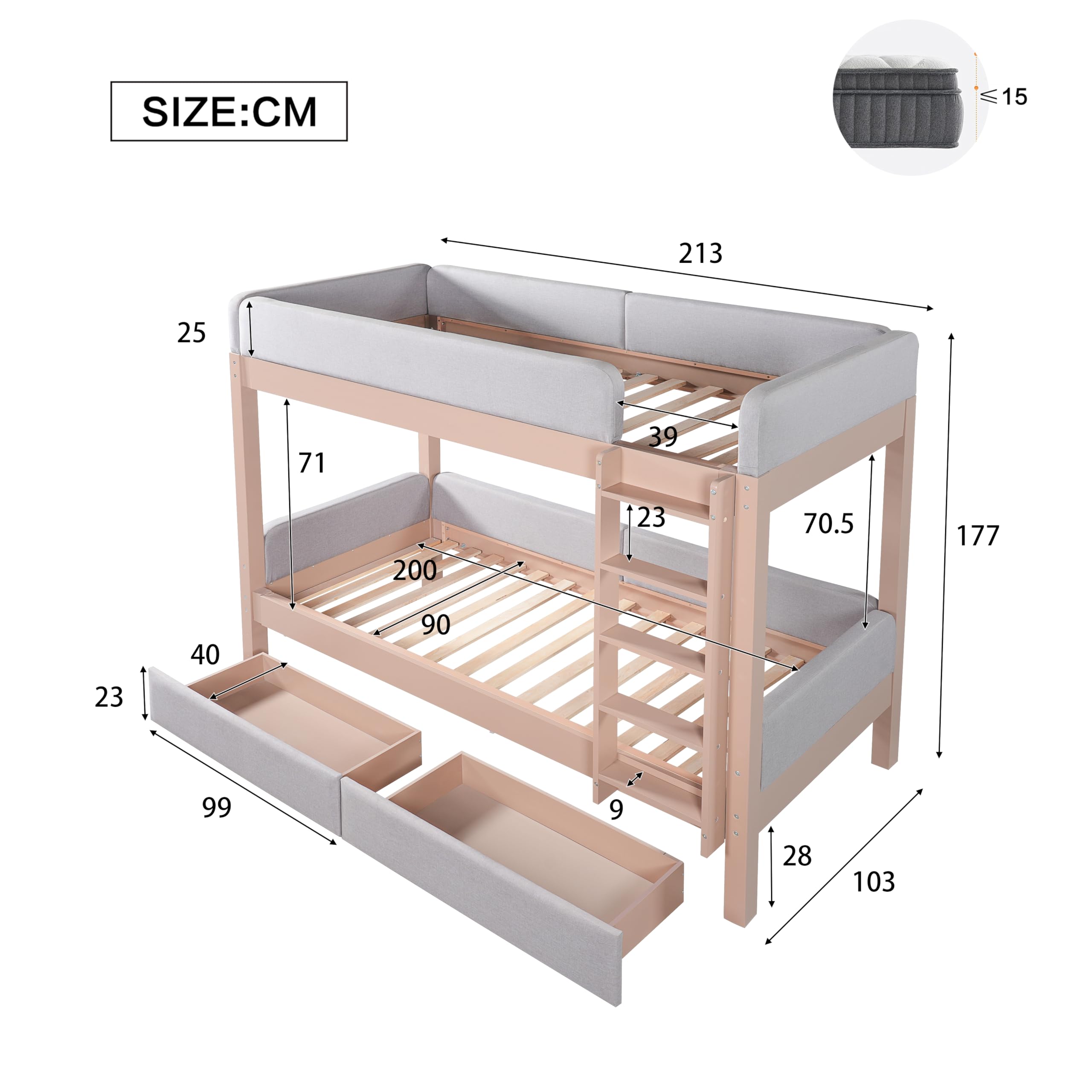 Generisch Letto a castello per bambini, 90 x 200 cm, grigio naturale, in legno di gomma e MDF, con bordo in spugna anti-collisione, scala a 4 gradini, 2 cassetti, rete a doghe stabili per la cameretta
