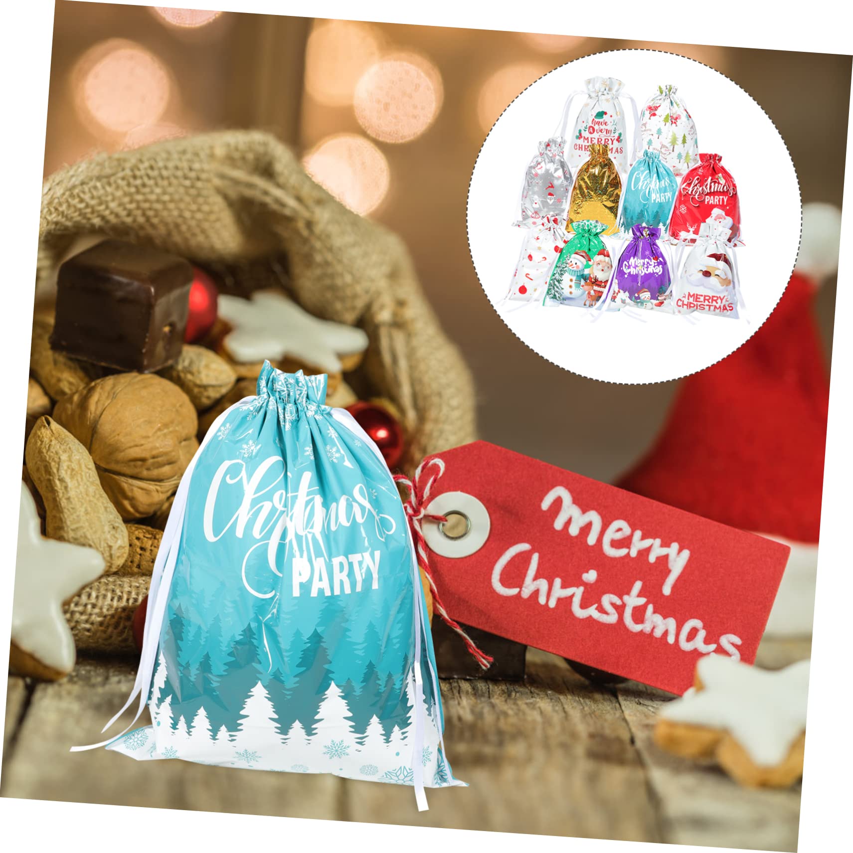 SOLUSTRE 50pezzi Sacchetti Di Natale Con Corda Di Chiusura Sacchetti Per Regali e Caramelle Colorata Per Feste Compleanni e Occasioni Speciali Variabili