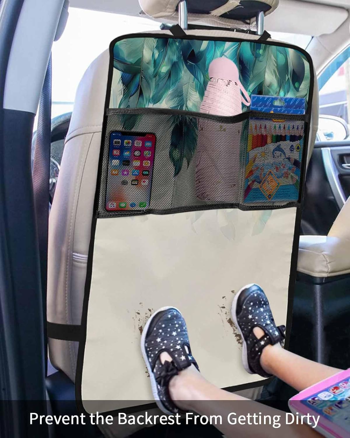 Car Seat Protector, 2 Pack Kick Mats with Organizer - 3 Pocket Storage, Beautiful Peacock Feathers Ombre Teal Green Blue Back Seat Cover for Kids Universal Fit Automotive Interior Protectors