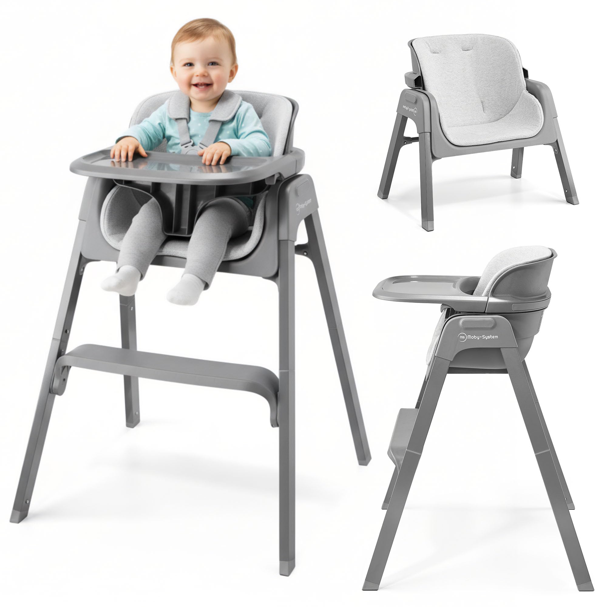 Moby-System Noxi 3in1 Klappbarer Hochstuhl für Babys und Kleinkinder, 2 Höhenstufen, Grau, mit Tablett und Sicherheitsgurt