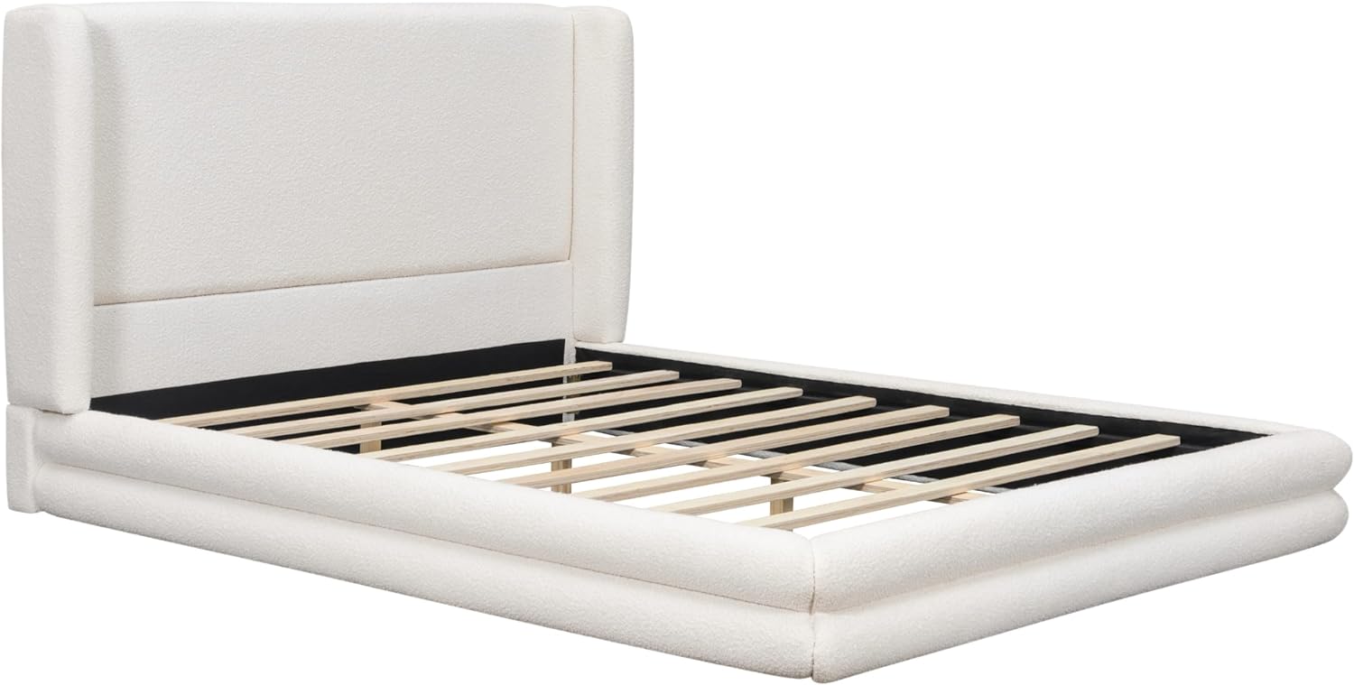 Merax Queen Size Bed Frame with Boucle Upholstered Headboard, 42.5" Wingback Platform Bed Frame with No Box Spring Needed, White Fabric Modern Bedroom Platform Bed