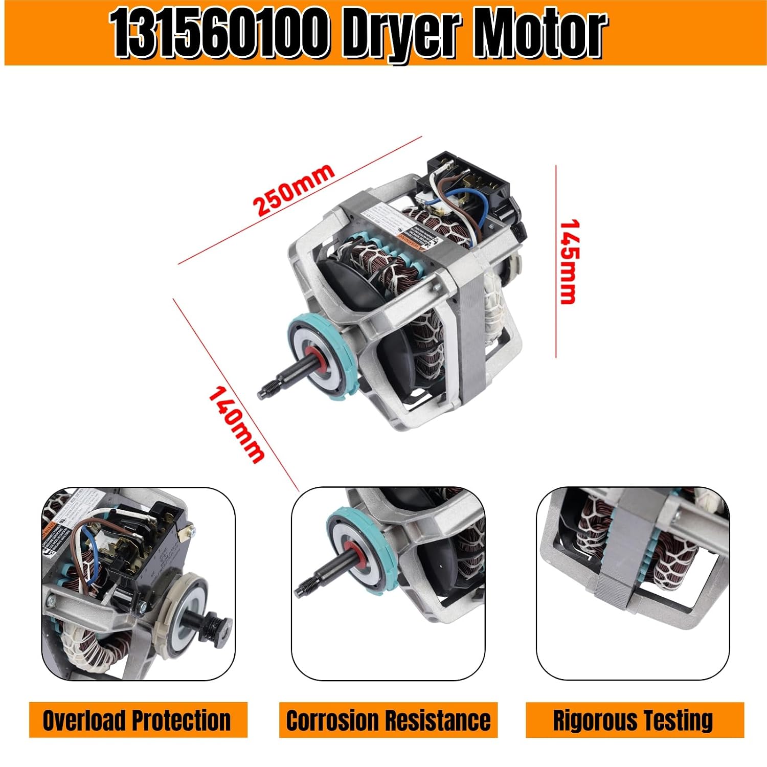 131560100 Dryer Motor, Dryer Drum Drive Motor Compatible with Crosley, Electrolux, Frigidaire, Gibson, Kenmore Replace#131758500,134156500,S131560100,407697,131461800A,PS418132,AP2107144 Mustrod
