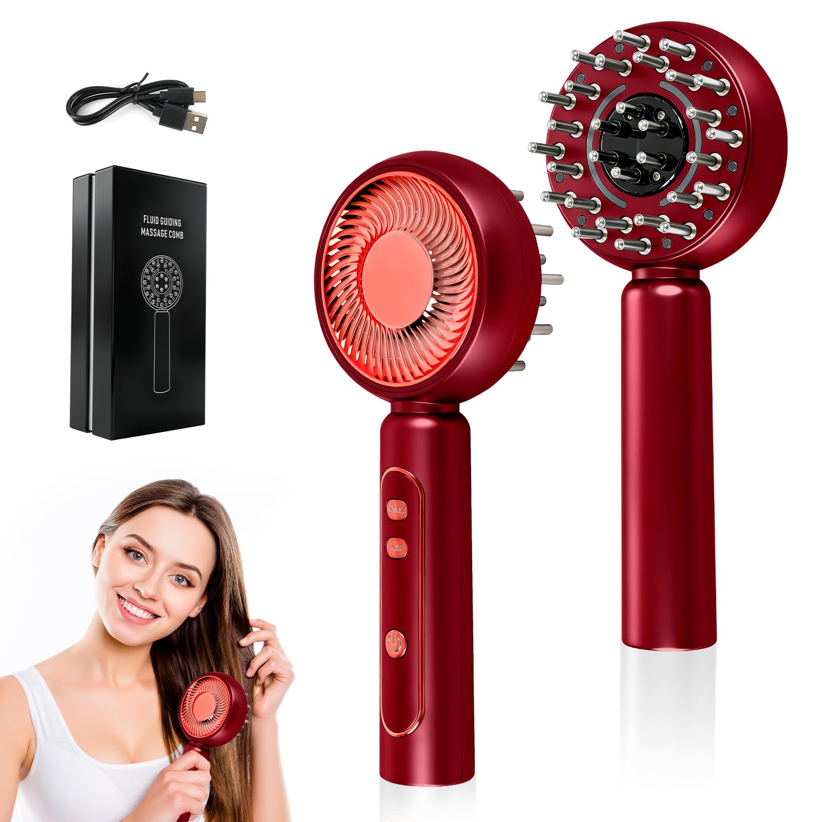 Cepillo de Masaje para Cuero Cabelludo, Eléctrico Cepillo Masajeador de Cabello con Luz Roja, 2 en 1 Cepillo de Peine Masaje, Peine de Masaje para Aliviar Fatiga & Nutrir Cabello (Rojo)