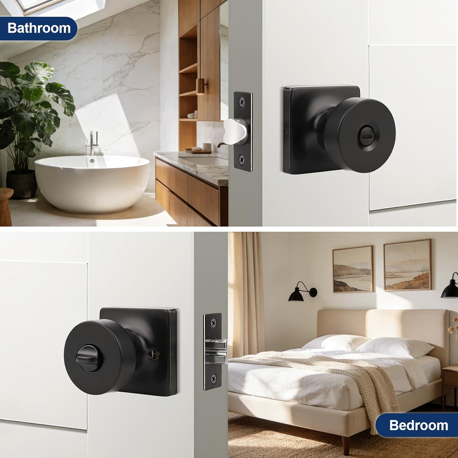 Orger 6 Pack Black Door Knobs Interior, Zinc-Alloy Matte Black Keyless Door Knob with Lock, Heavy Duty Privacy Square Door Knob for Bathroom and Bedroom