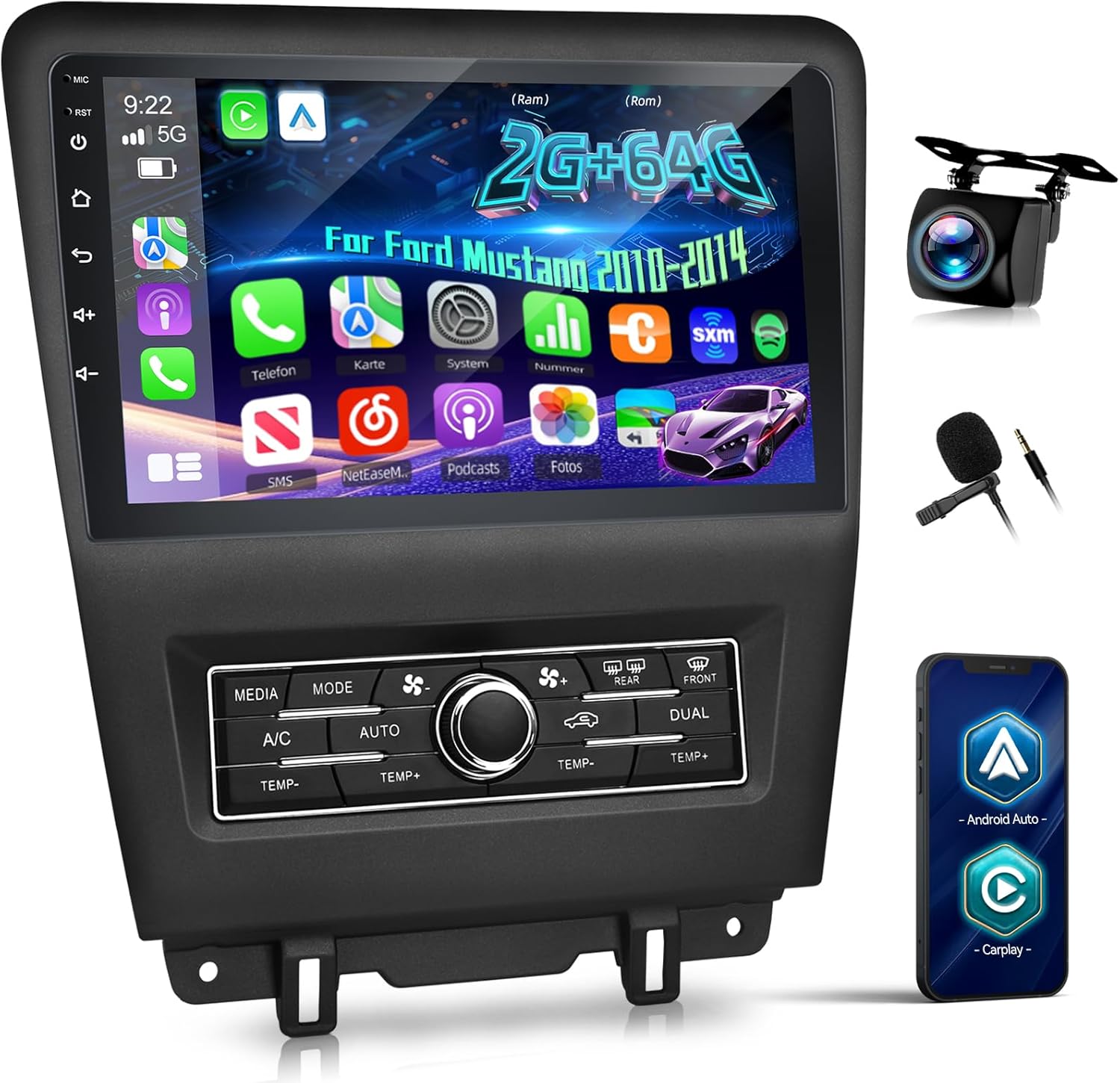 EKAT 10 inch Screen for Ford Mustang Radio 2010 2011 2012 2013 2014 (Only fit Manual AC), 2G+64G Mustang Android Car Stereo, CarPlay/Android Auto/SWC/Bluetooth/5G WiFi