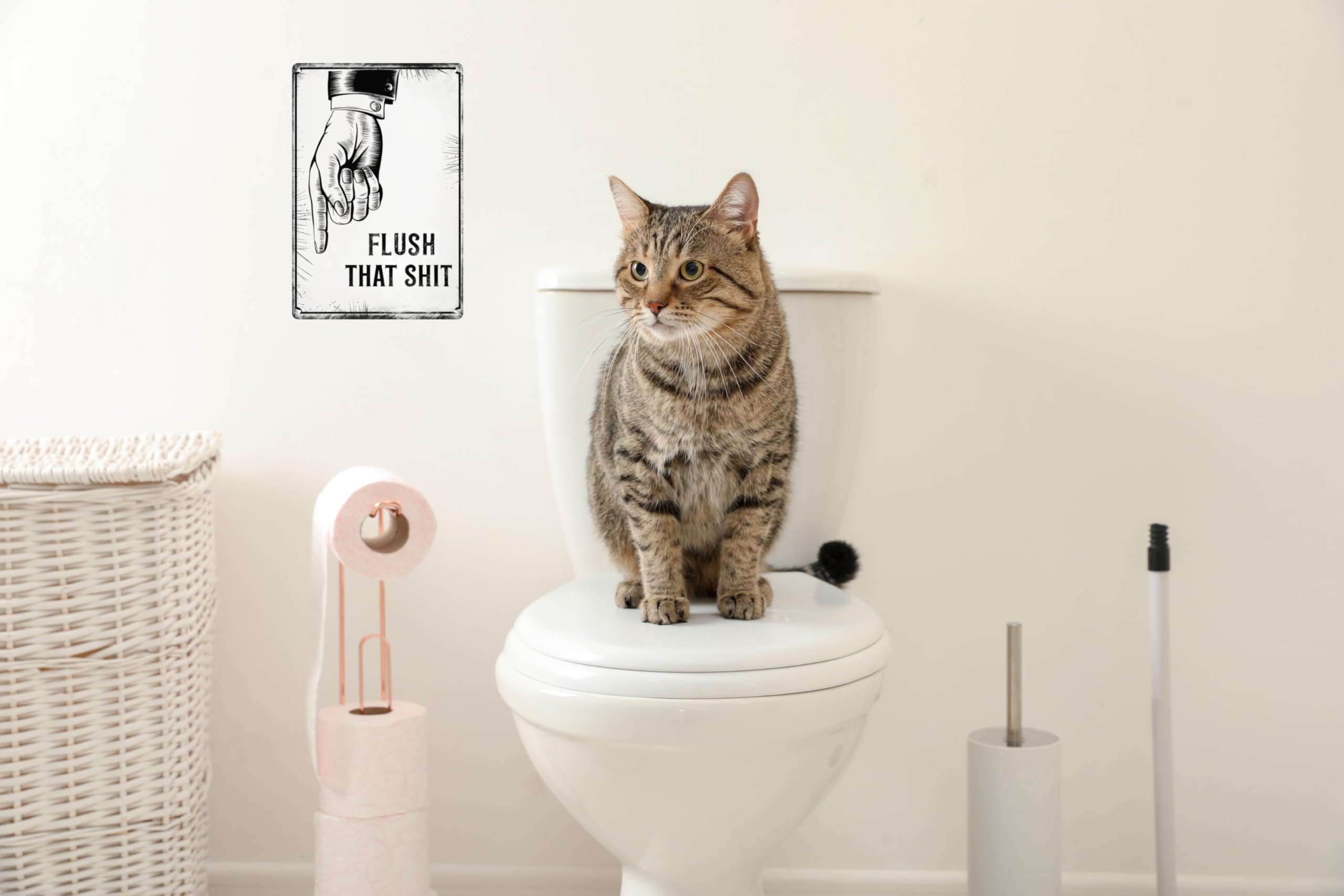 Vintage Flushing The Toilet Metal Sign — Retro Funny Bathroom Wall Decor, 12x8 Inch Tin Sign, Humorous Home Art