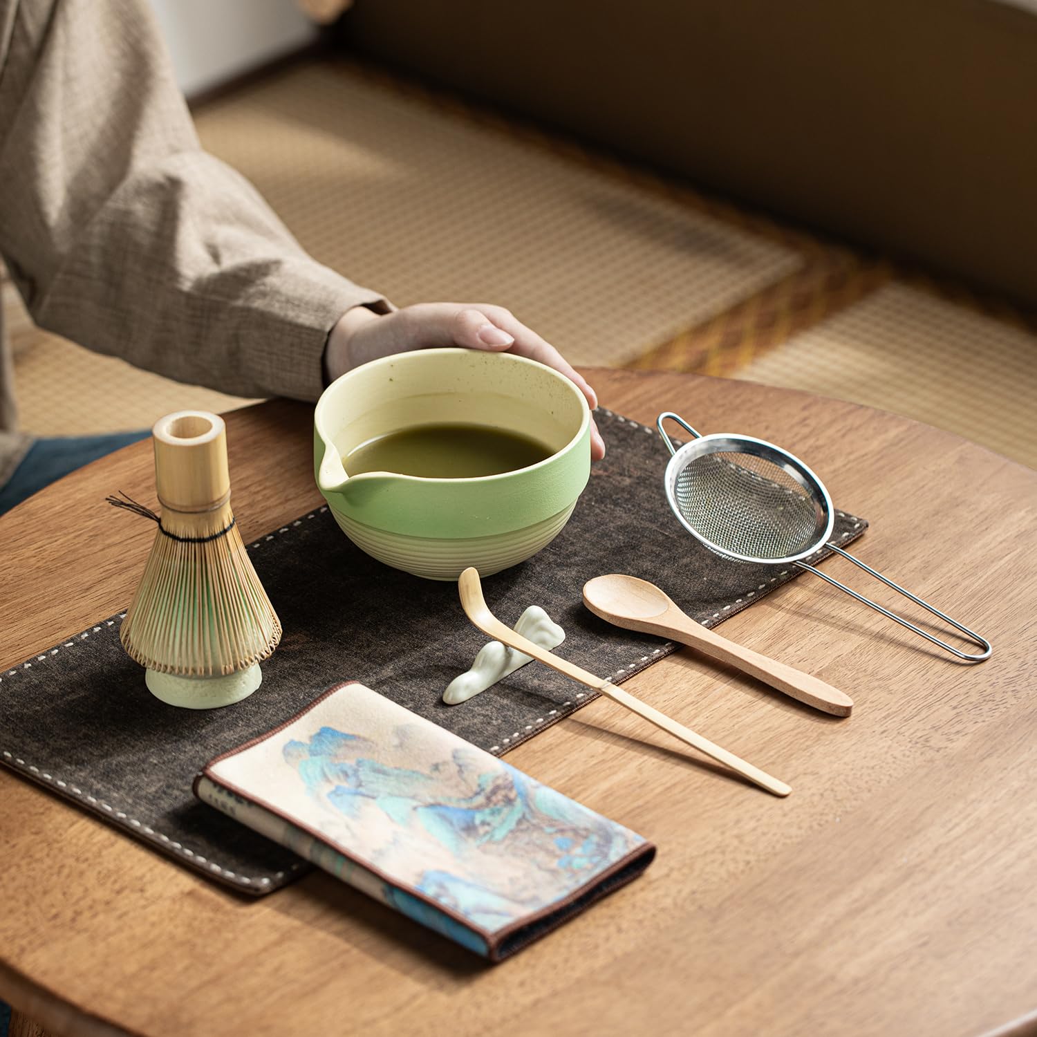 Frusta Bambù Chasen Set Matcha Kit Da 5 Pezzi - Ciotola, Frusta In Bambù, Cucchiaio, Misurino E Supporto Ceramica - Per Tè Matcha Tradizionale Set Matcha Tradizionale