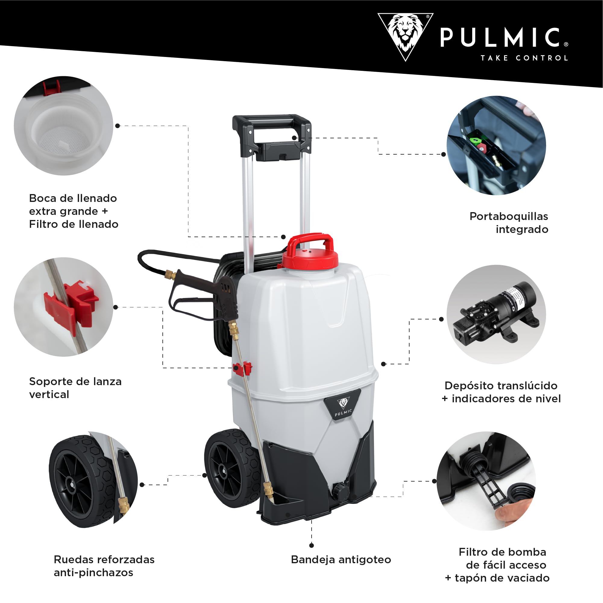 Pulmic Pulverizador a Presión Eléctrico Industrial 35L, 2 Baterías Litio 18V, 7 Bares, 3 Velocidades, Manguera 6M, Boquillas Rápidas, Pulverizador Químicos, Limpieza Tejados, Fachadas y Superficies