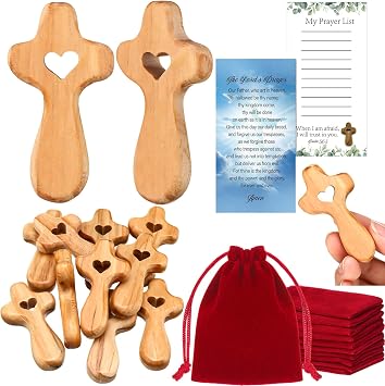 Bucherry 10 Set Olive Wood Cross My Heart Small Pocket Crosses with Bags and Prayer Cards Jesus Christian Holding Hand Crosses Bulk for Christmas Baptism First Communion Gift Wood,2.36 Inches
