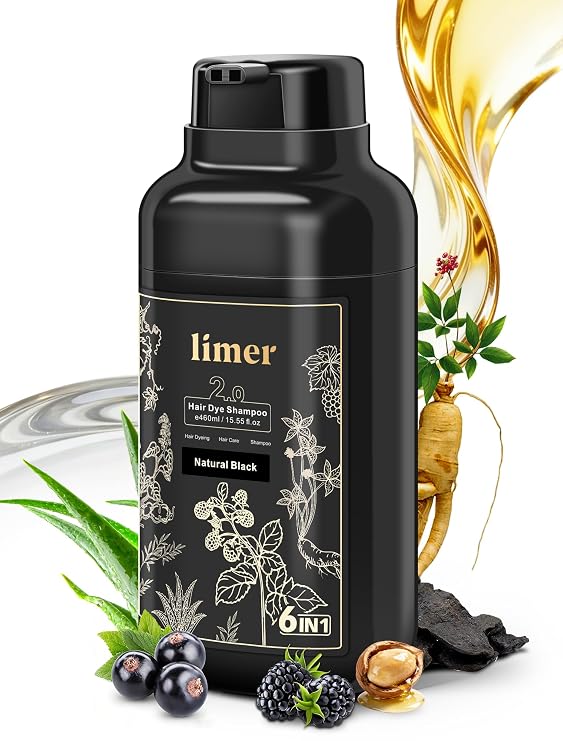 Limer Natural Black Hair Dye Shampoo for Gray Hair, 3 in 1 Color Shampoo | 6 Herbal Extracts, 100% Grey Coverage, Non-Staining, 6-8 Weeks Lasting, for Women Men, Shampoo para Pintar el Cabello, 460ml