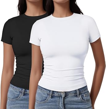 Womens Casual Basic Crop Tops Summer Autumn White Black Short Sleeve Crew Neck T Shirts Slim Fit Tees Plain Going Out Y2k Plain Cute Tops Tight Fitted Compression Baby Tee Shirts Trendy Clothes 2026