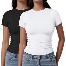 Womens Casual Basic Crop Tops Summer Autumn White Black Short Sleeve Crew Neck T Shirts Slim Fit Tees Plain Going Out Y2k Plain Cute Tops Tight Fitted Compression Baby Tee Shirts Trendy Clothes 2026