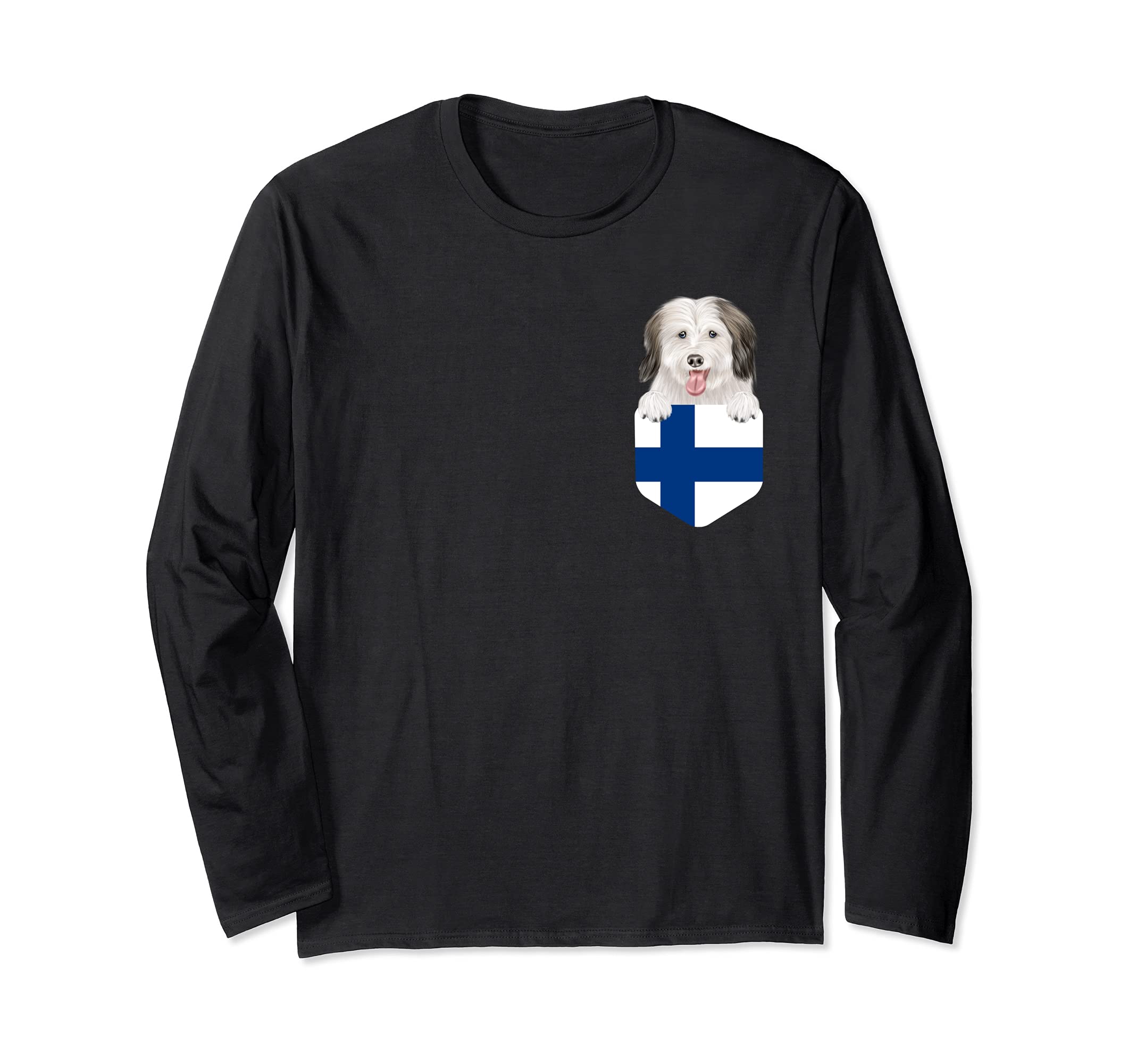 Finland Flag Coton de Tulear Dog In Pocket Long Sleeve T-Shirt, Black