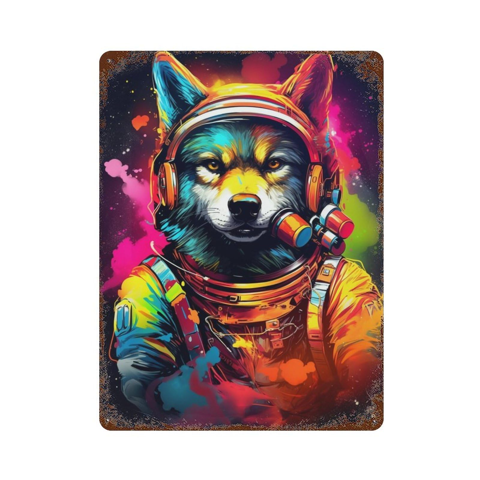 Space Wolf Astronaut Art Print-3 Retro Metal Sign 15.7"x11.8", Shabby Chic Decor for Bistro, Counter And Cafe Decor