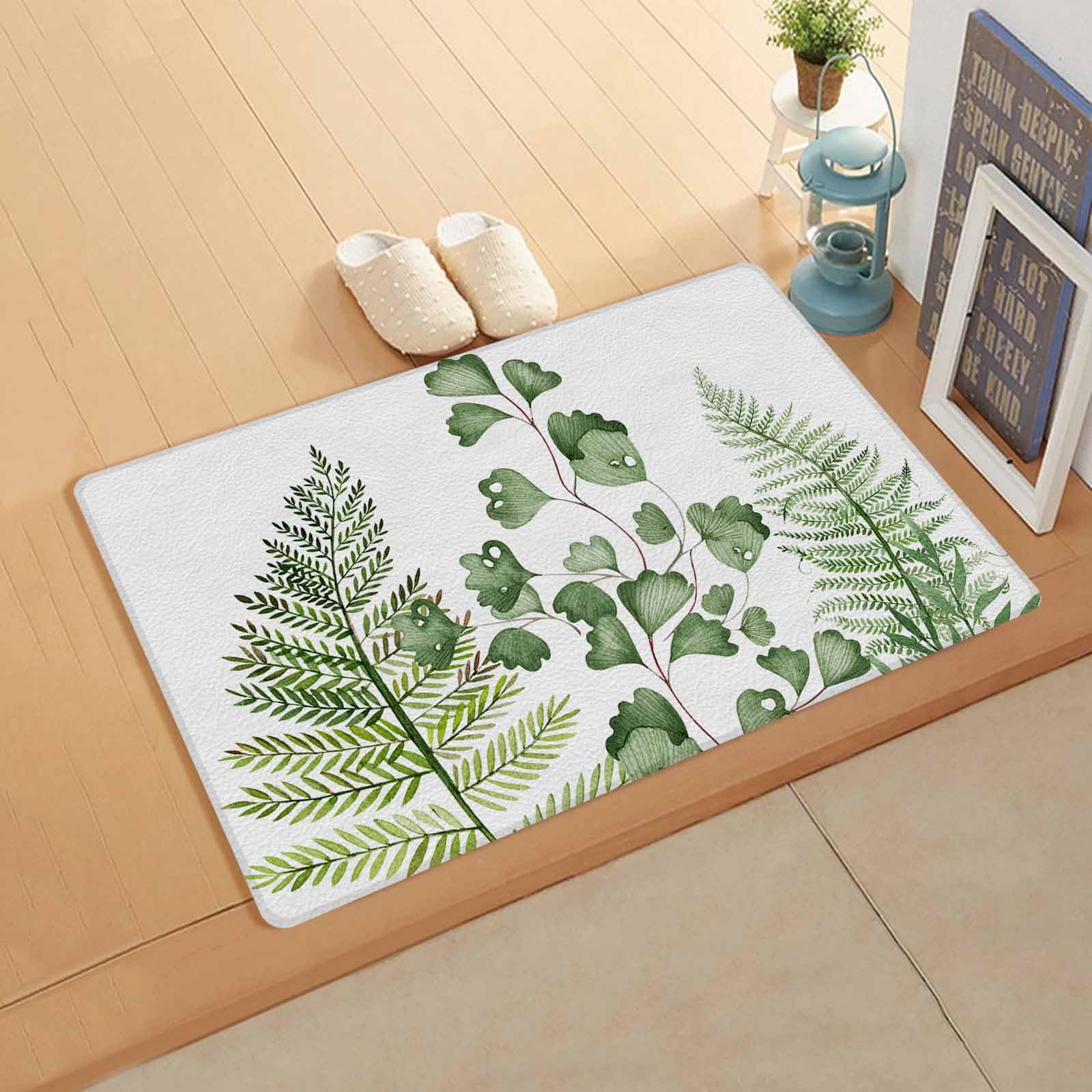 Leaves Herbs Antifatigue Kitchen Bath Door Mat Cushioned Runner Rug,Washable Welcome Floor Sink Mat,Waterproof & Non-Slip Kitchen Standing Doormat,Green Botanical Watercolor Modern Green White 18