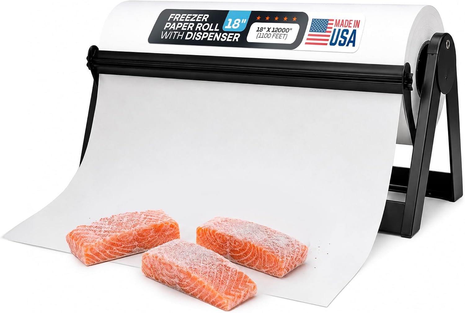 White Freezer Paper 18" x 13200" (1100 feet) with Dispenser - USA-made Large Freezer Paper Roll for Meat & Fish - Poly-Coated Food Wrapping Material for Freezing by IDL Packaging