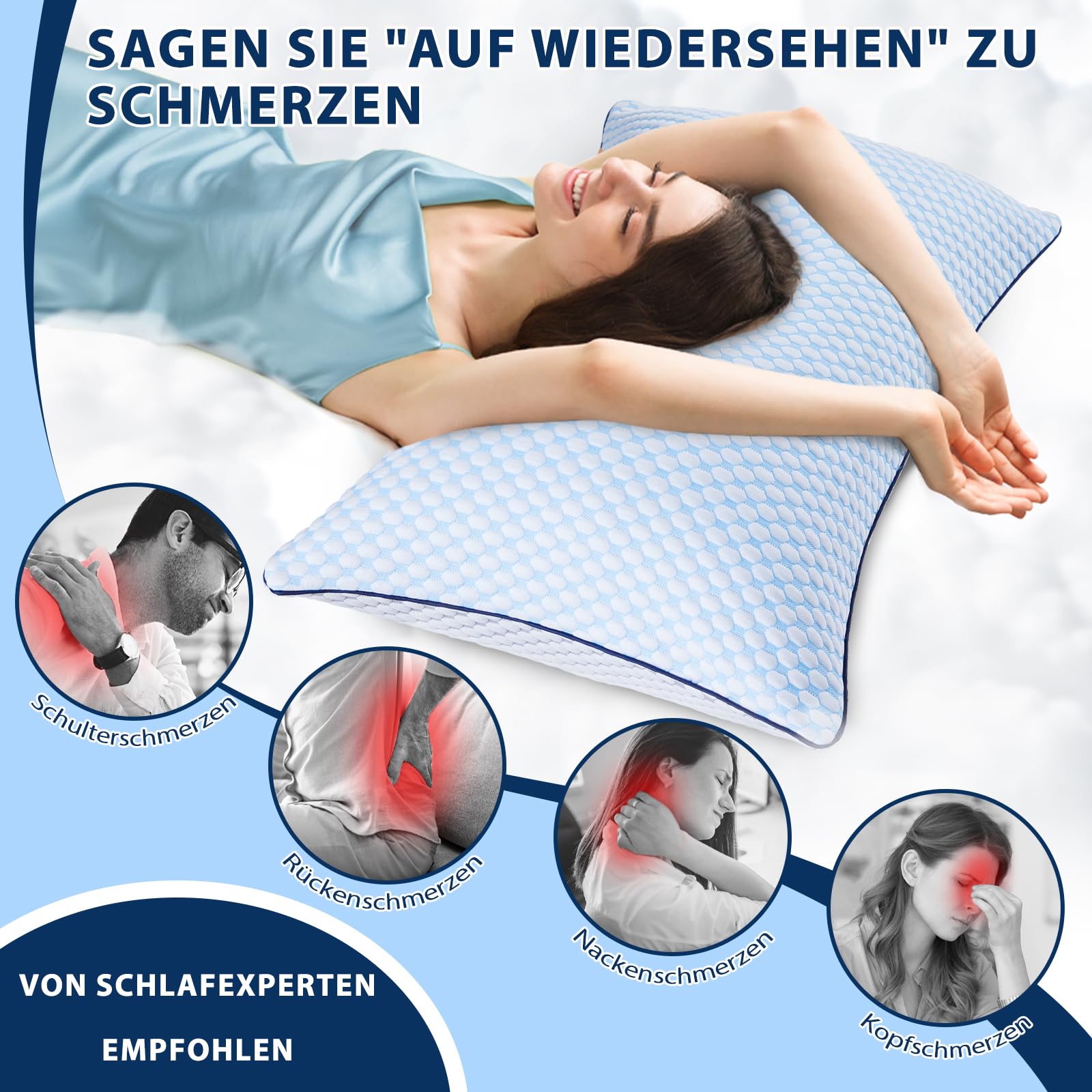 Memory Foam Kissen Kühlendes Kopfkissen Nackenkissen Ergonomisches Seitenschläferkissen 40x80 cm Blau-grau