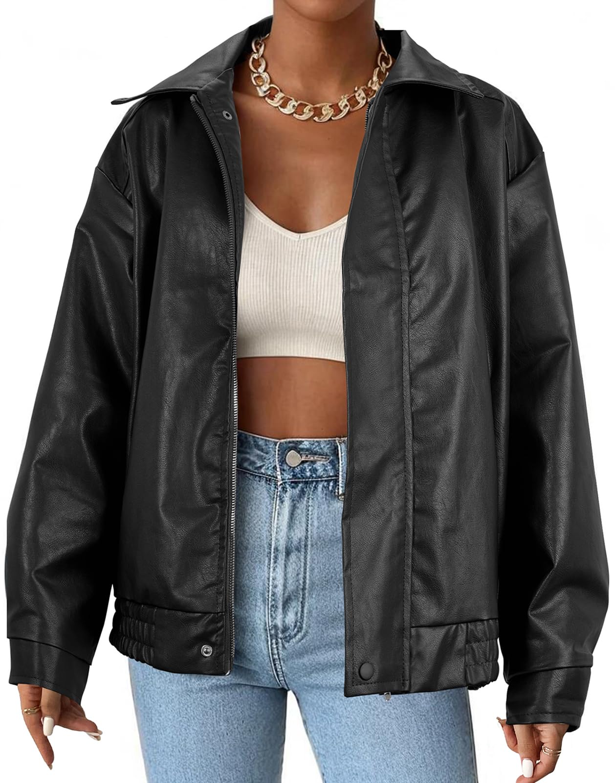 American TrendsWomens Faux Leather Jacket Bomber Pleather Jacket Oversized Blazer Motorcycle Jacket