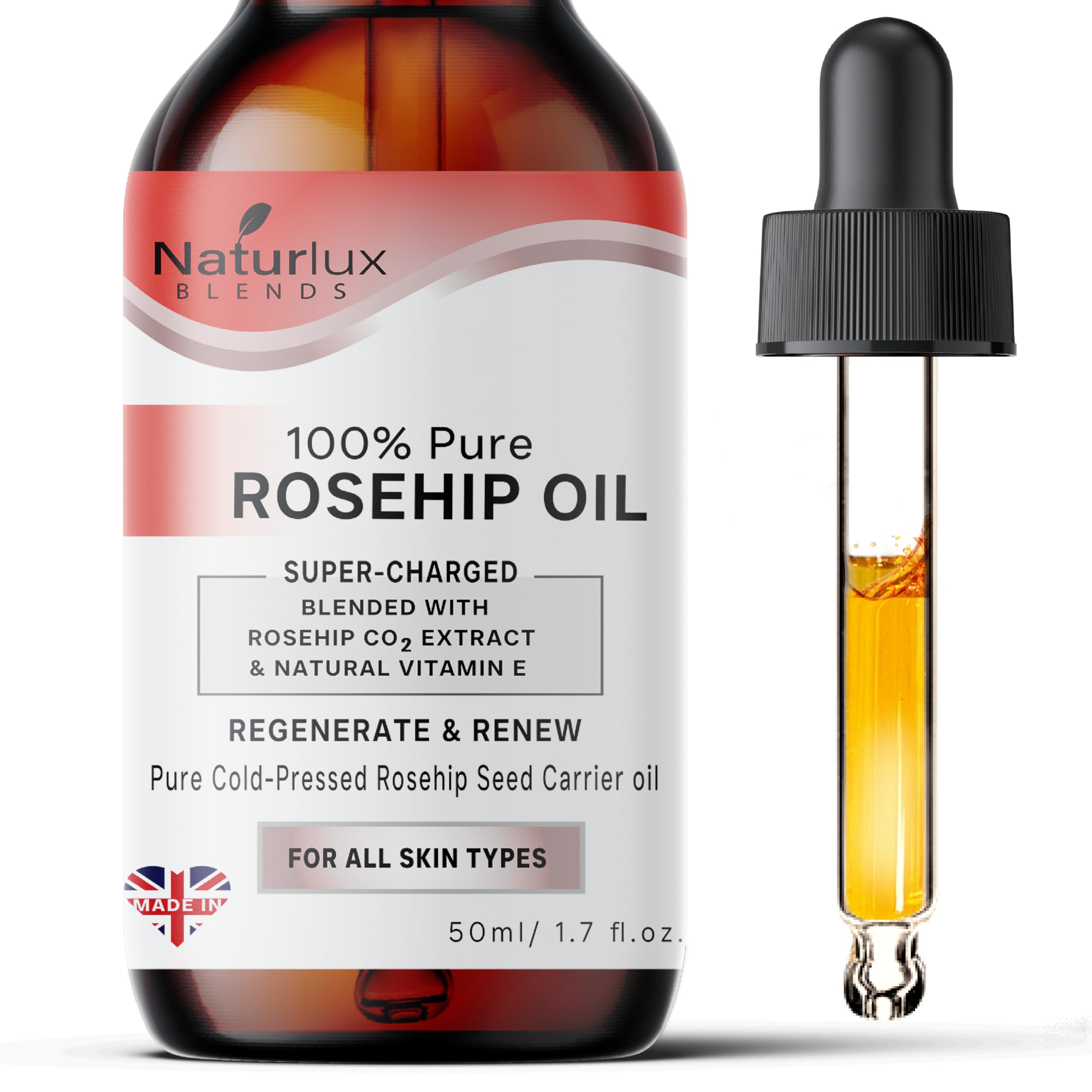 Organic Rosehip Oil For Face | 100% Pure & Natural 50 ML | Cold-Pressed Rosehip Seed Oil With 5% Rosehip C02 Extract & Vitamin E | Concentrated Blend 50 ML