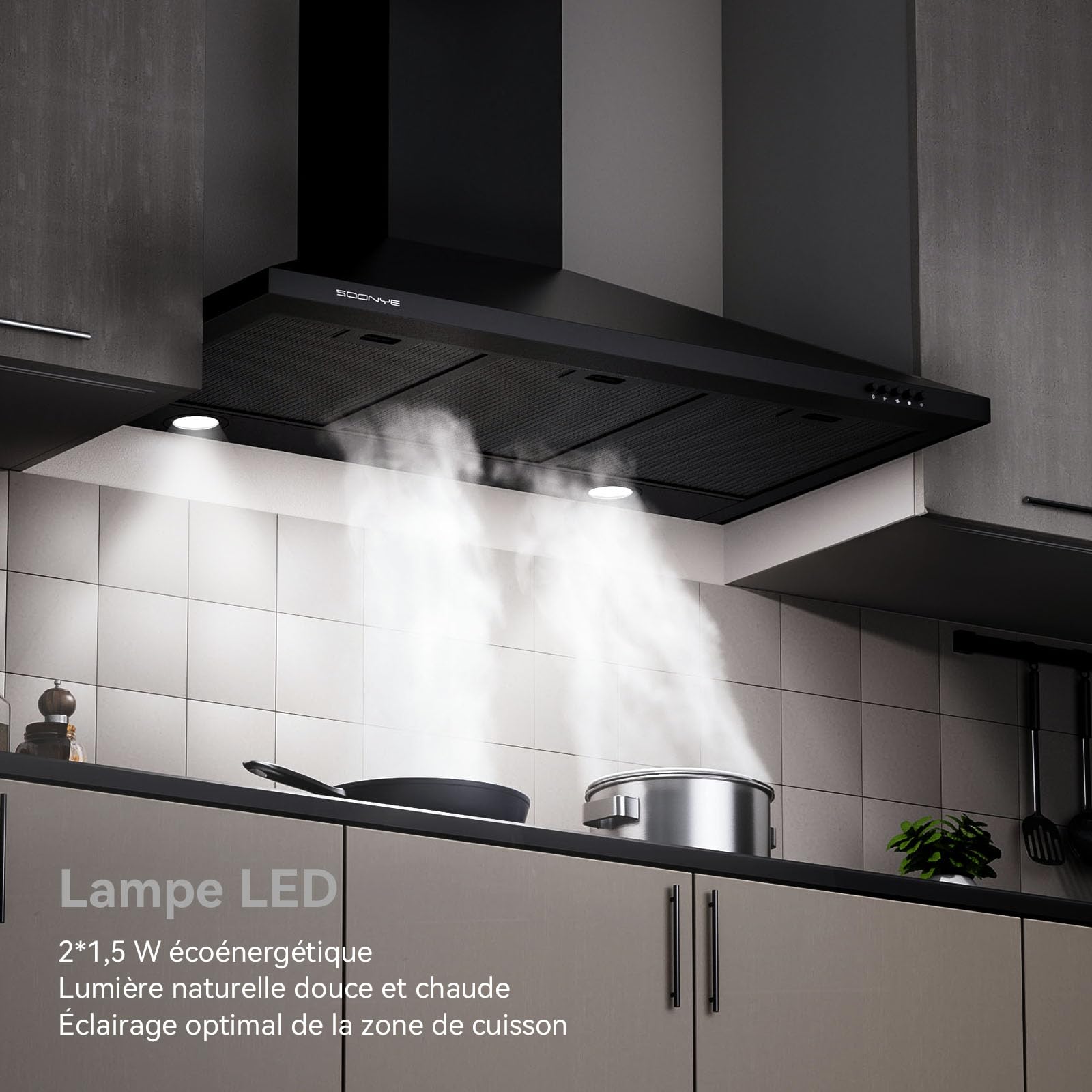Hotte Aspirante 90 cm Classe A+++, Hotte Cuisine 380m³/h,Évacuation ou Recyclage,Filtre au Charbon Inclus,Cheminée Extensible,Hotte Murale,Noir