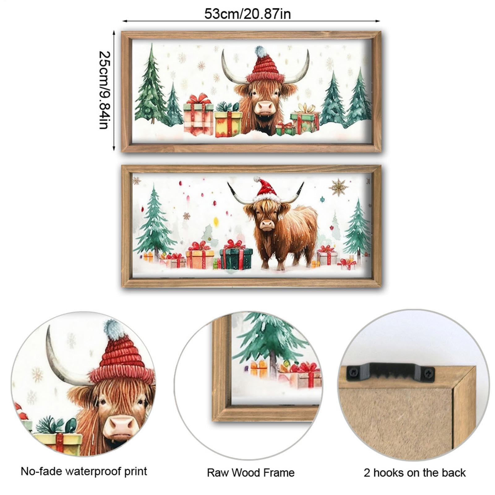 Décor Mural Vache De Ferme Impression Animalière de Noël Encadrée en Bois
