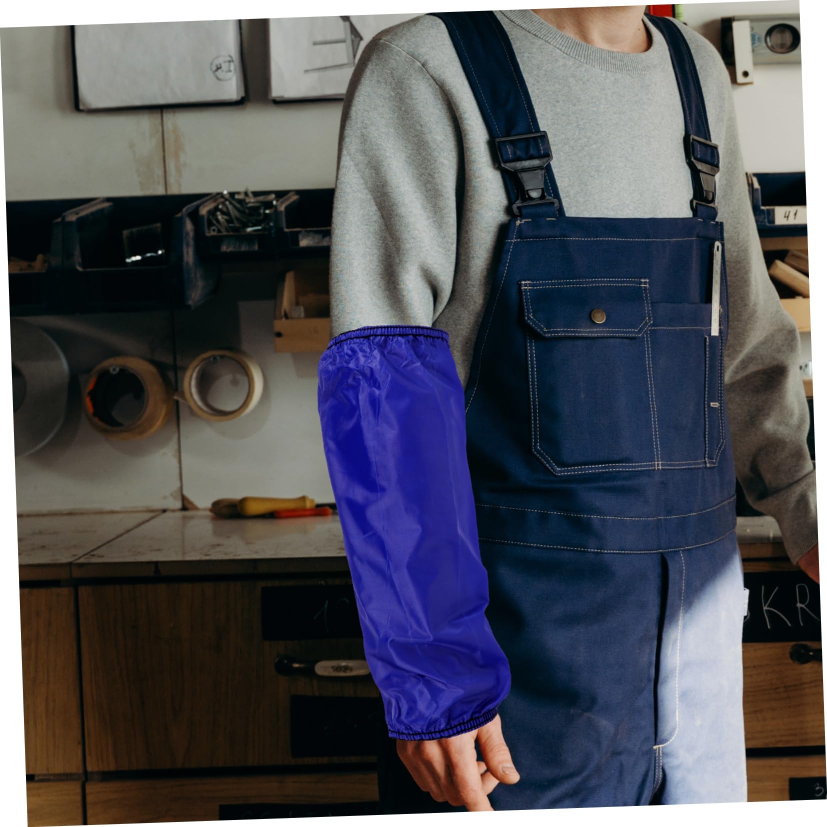 Veemoon Mangas Impermeables Para Brazos Resistentes Al Aceite Diseño Elástico y Cordón Para Cocina y Limpieza Azul Pvc