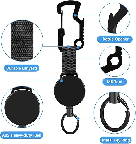 Miniatura 2 de Paquete de 2 llaveros retráctiles resistentes con mosquetón multiherramienta y llavero para llavero, cable de alambre de acero de hasta 23.5 pulgadas
