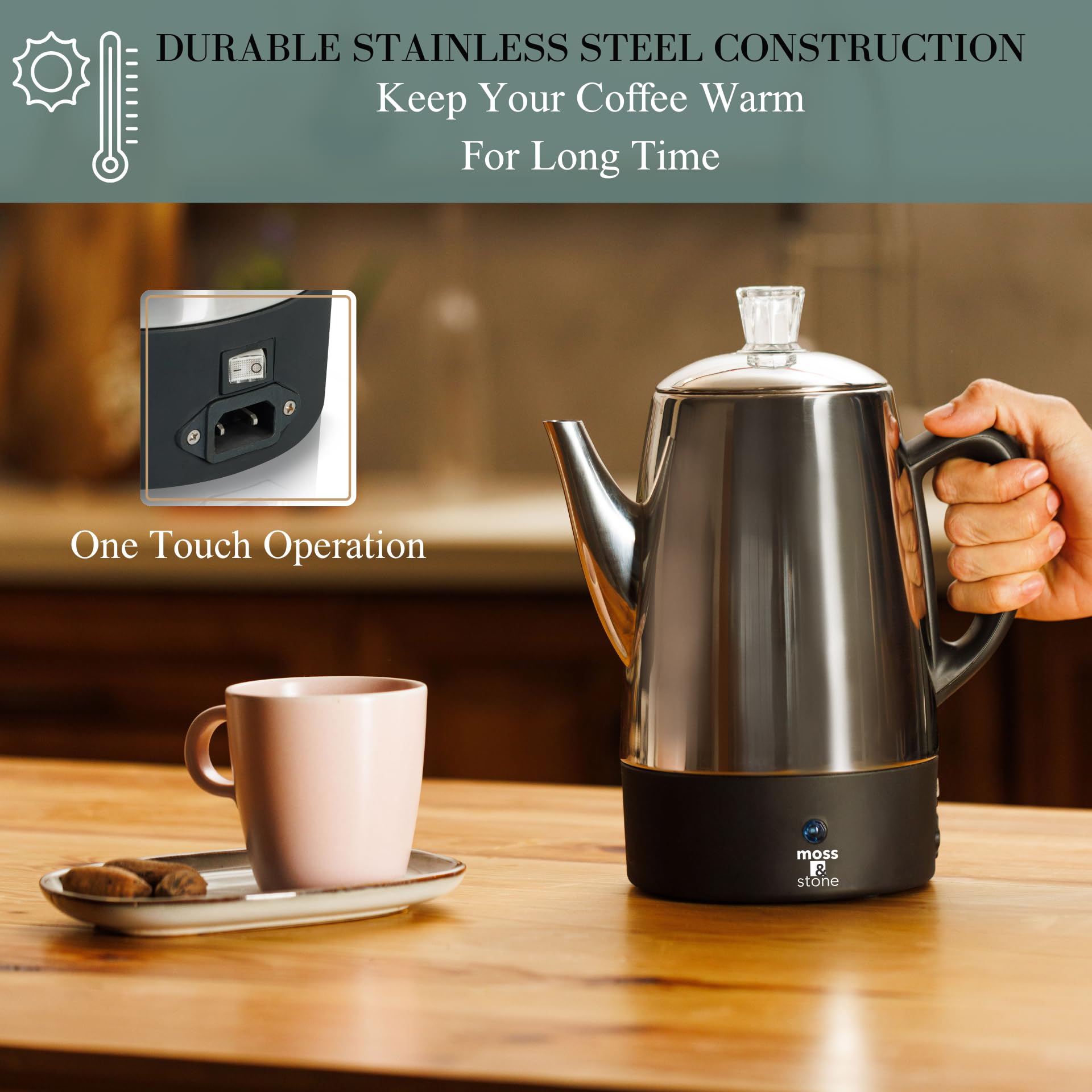 Moss & Stone Percolateur électrique 10 tasses, cafetière électrique en acier inoxydable, percolateur à café électrique avec fonction maintien au chaud, percolateur à 10 tasses en acier inoxydable avec