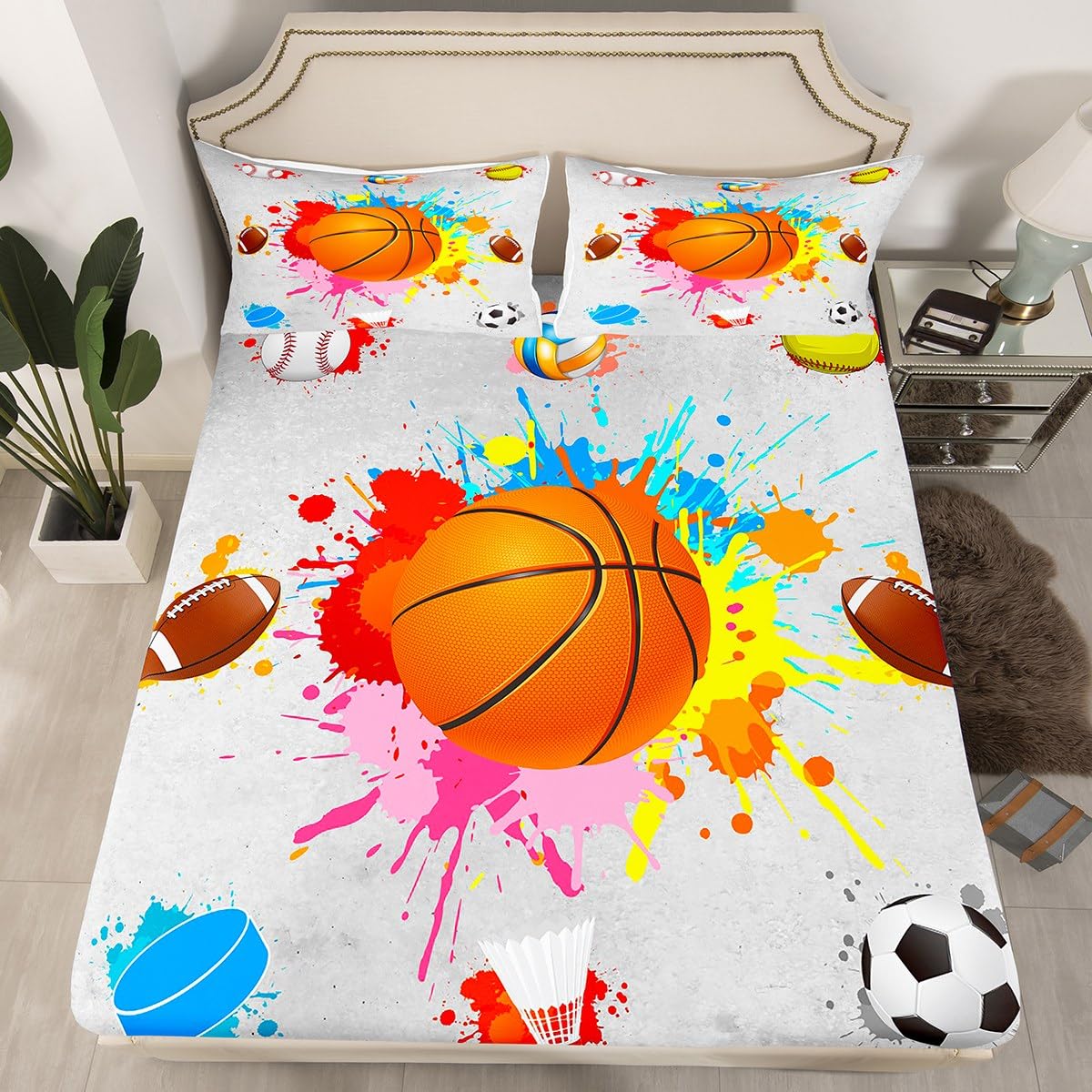 Parure de lit sport 3 pièces avec housse de couette baseball et hockey pour lit double enfants