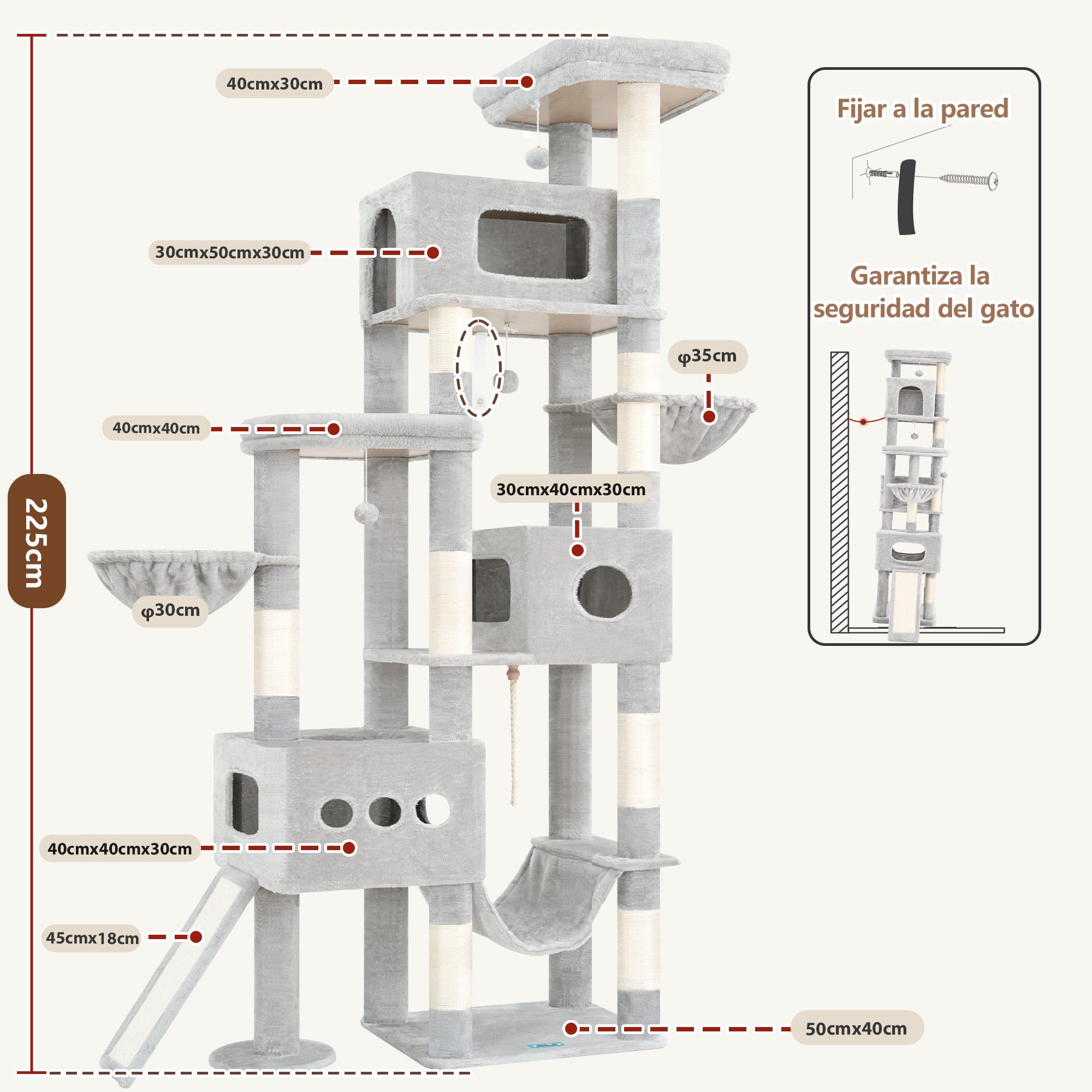 Gitelsnour Árbol para Gatos XXL 225 cm – Árbol Estable para Gatos Grandes, 3 Nidos, 2 Cestas Colgantes, Hamaca, Tabla Rascadora, 2 Plataformas de Observación, Base Estable, Gris Claro GCT808W