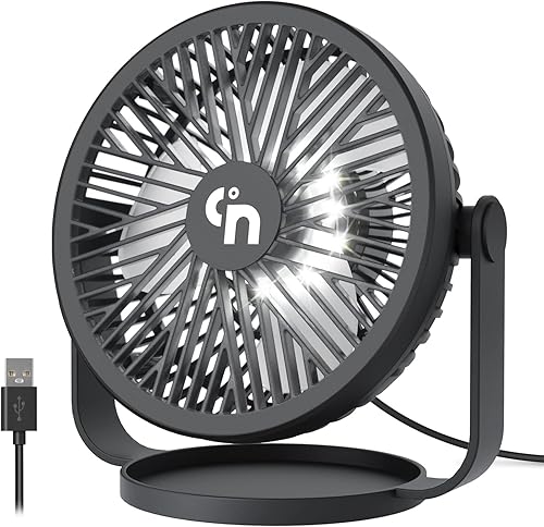 Ventilador de escritorio USB con luces LED de noche, mini ventilador de enfriamiento de escritorio de 3 velocidades, rotación de 360°, ventilador de