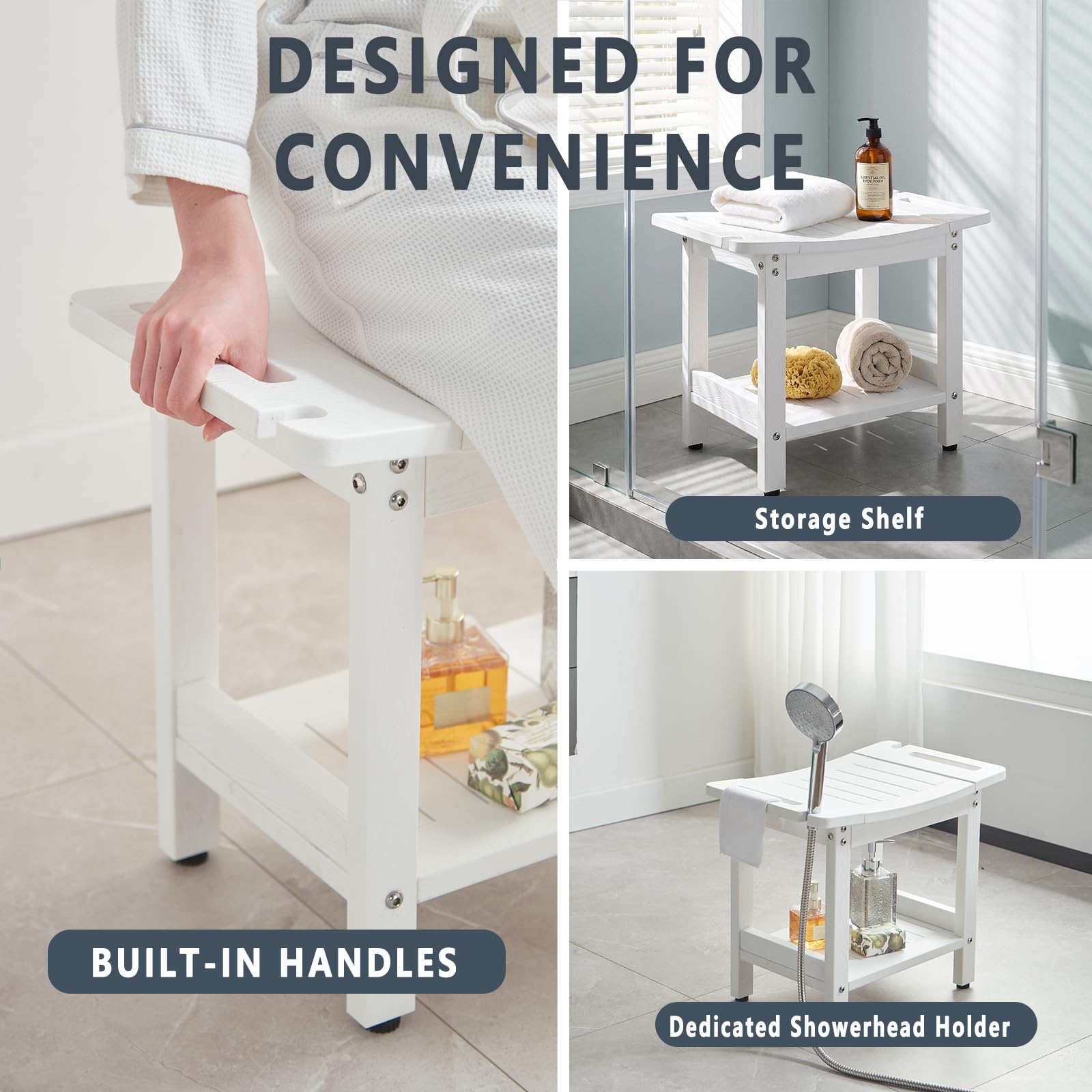Silla de ducha impermeable con estantes de almacenamiento (blanco)