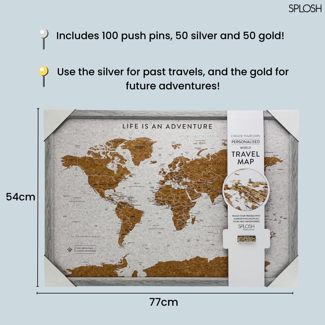 Splosh Mapa de Viaje Enmarcado - Tablero de Chinchetas de Madera Gris Mediano con 100 Chinchetas. Tablero de Corcho para Mapa de Viaje. Mapa del Mundo de Madera, Regalo de Viaje con Mapa de Corcho