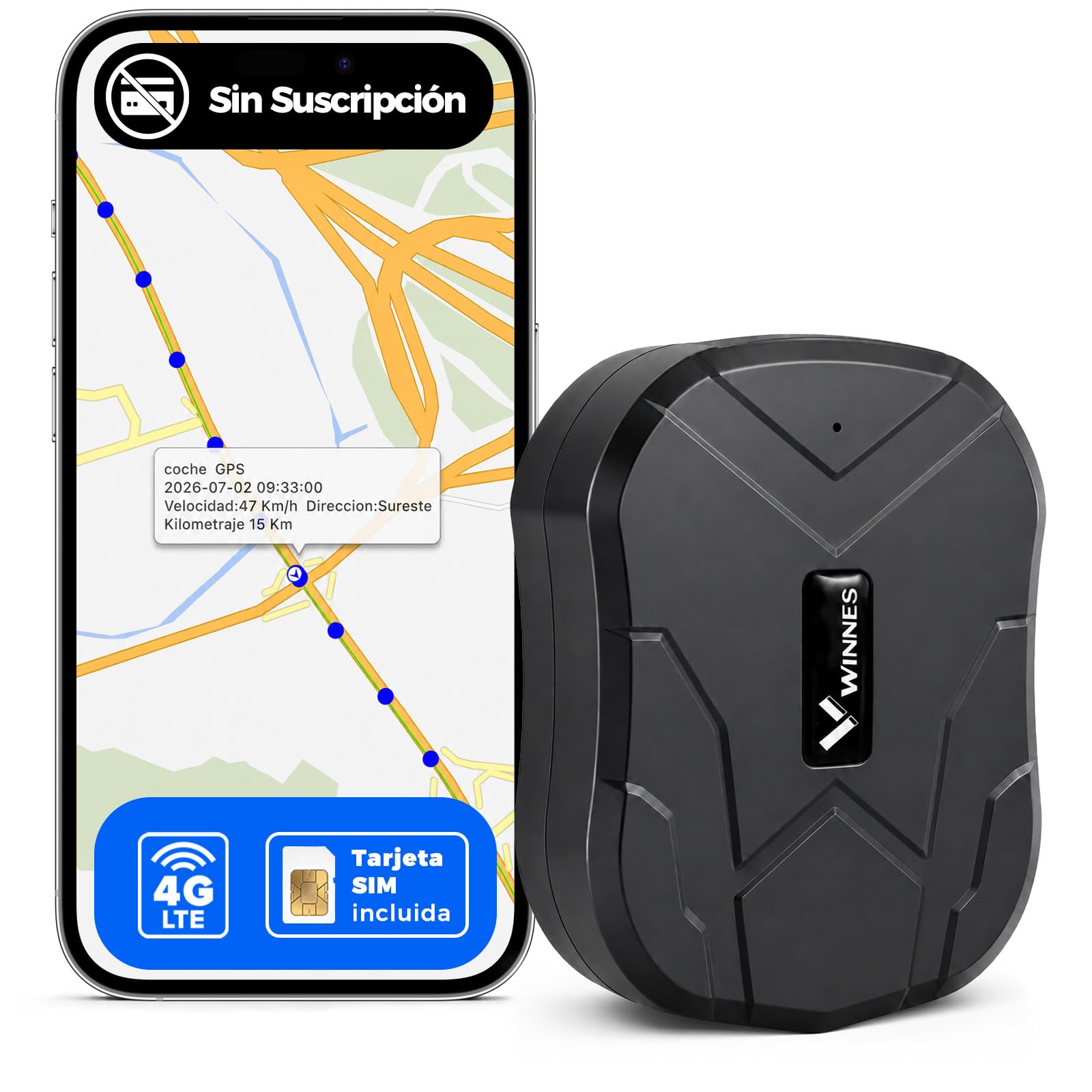 WINNES Localizador GPS para Coche con SIM, Rastreador GPS Sin Suscripción | Alerta Antirrobo Móvil, Seguimiento en Tiempo Real, Geovalla, Historial 180 Días, Batería 10000 mAh, Gestión de Flotas, IP65