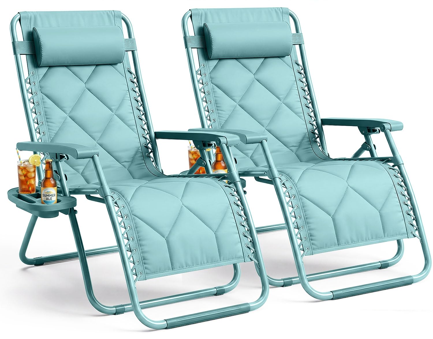 KEPLIN Set of 2 XXL Premium Heavy Duty Padded Diamond Zero Gravity Chairs - Luxurious Garden Recliners, Adjustable Headrest, Cup & Phone Holder, Foldable, Patio Sun Loungers - 150kg Weight Capacity