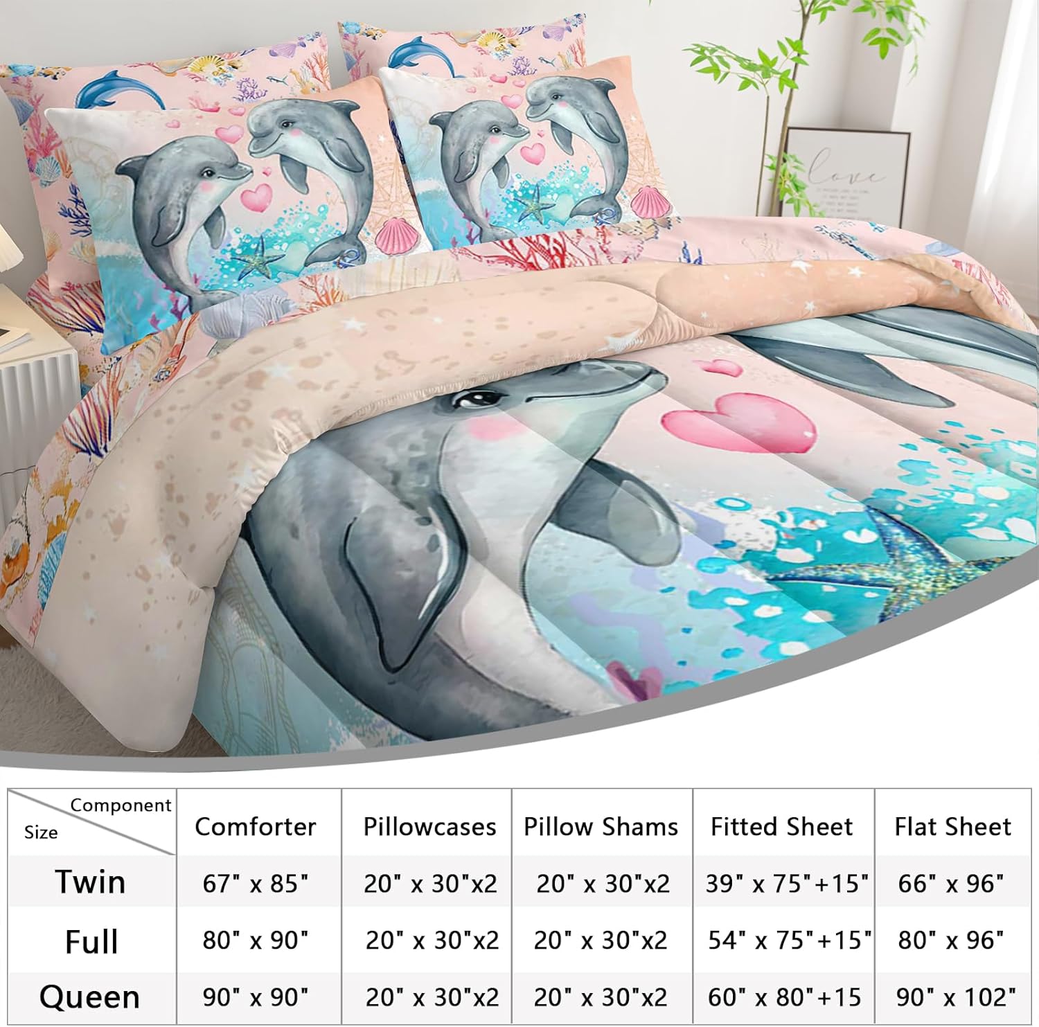 AILONEN Dolphin Comforter Set,Kawaii Jumping Dolphin Theme Bed in a Bag for Kids Girls Queen Size,Ocean Theme Bedding Set,1 Comforter & Fitted Sheet & Flat Sheet & 2 Pillowcases,2 Pillow Shams,7-Piece