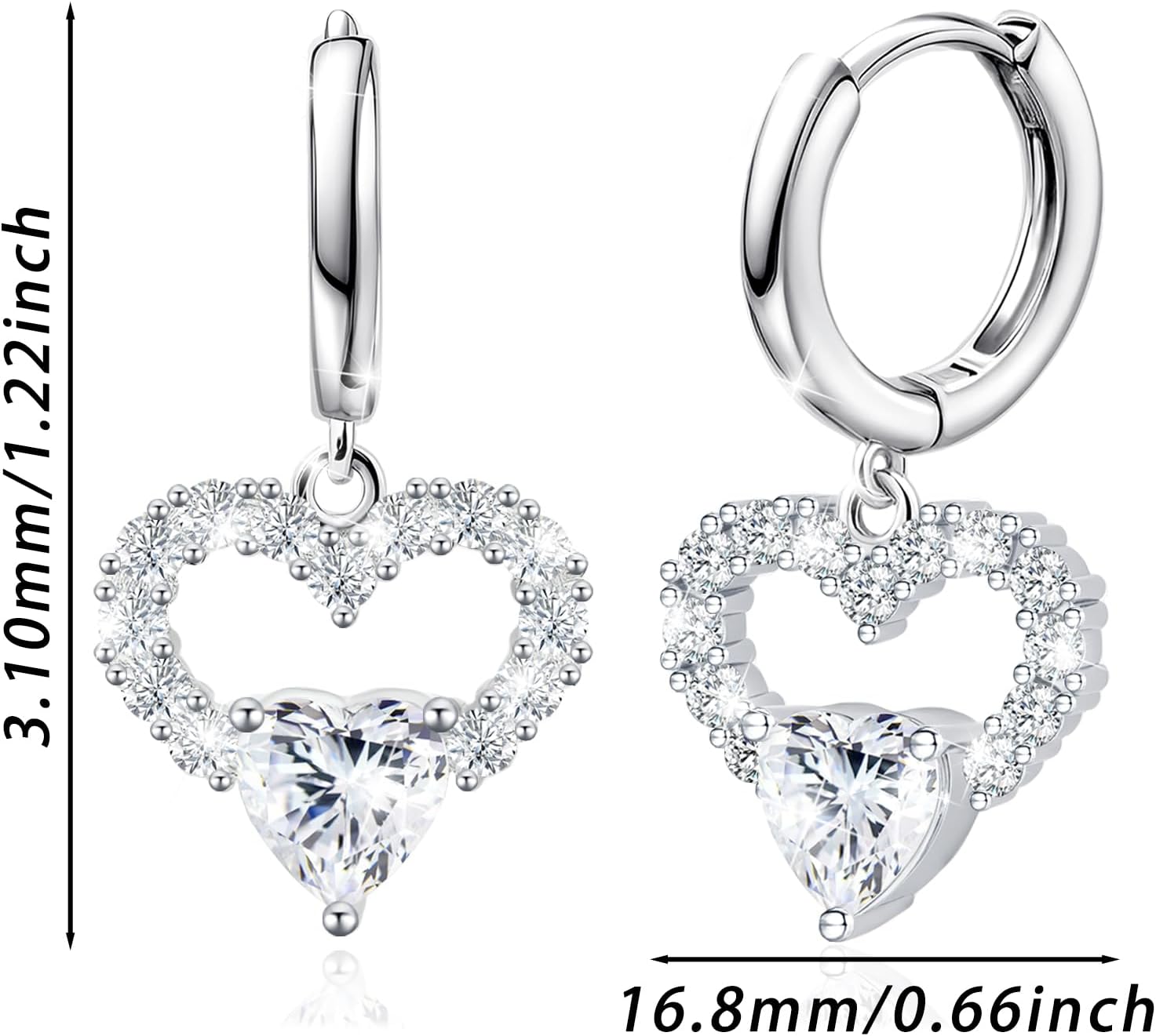 Sterling Silver Dangle Hoop Earrings Charms Lover Heart with White Plated CZ Love Heart Hypoallergenic Fashion Jewelry for Sensitive Ears Dainty Birthday Gift for Women - Image 3