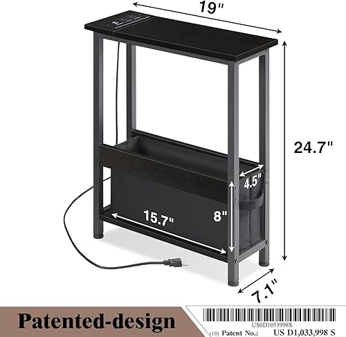 Miniatura 12 de Mesa auxiliar de carga delgada con almacenamiento, para espacios pequeños y dormitorio Marrón (Rustic Brown),Negro