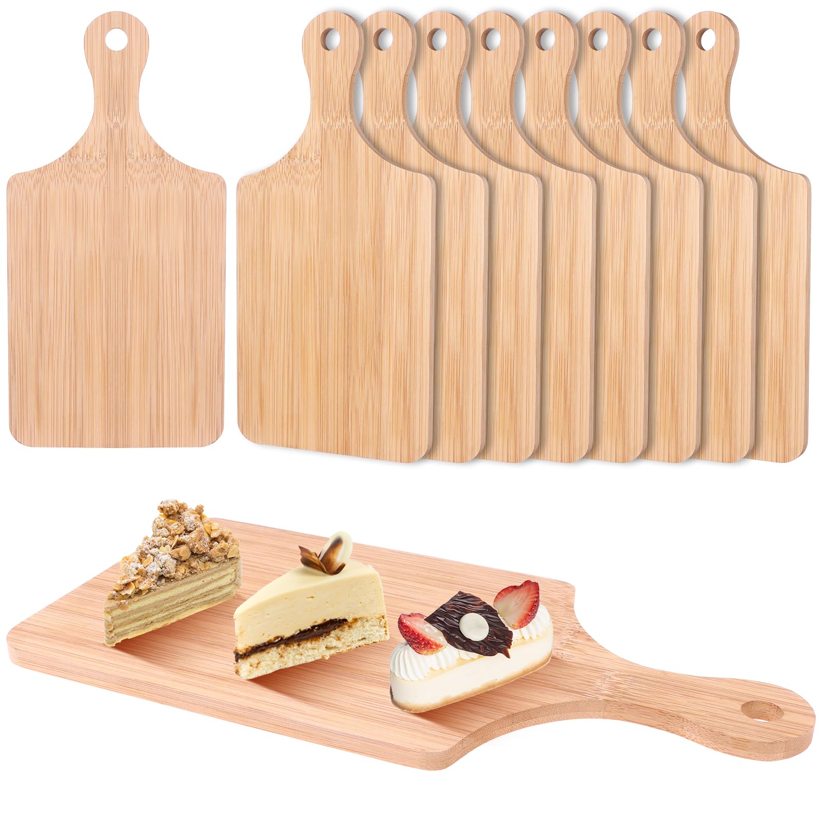 9 Pcs Bamboo Chopping Board 11x5 Inch Thicken Bamboo Cutting Board Bulk Wood Serving Charcuterie Board with Handle Dinner Plate Tray Kitchen Chopping Board for Meat Bread Vegetables Fruits Food (9)