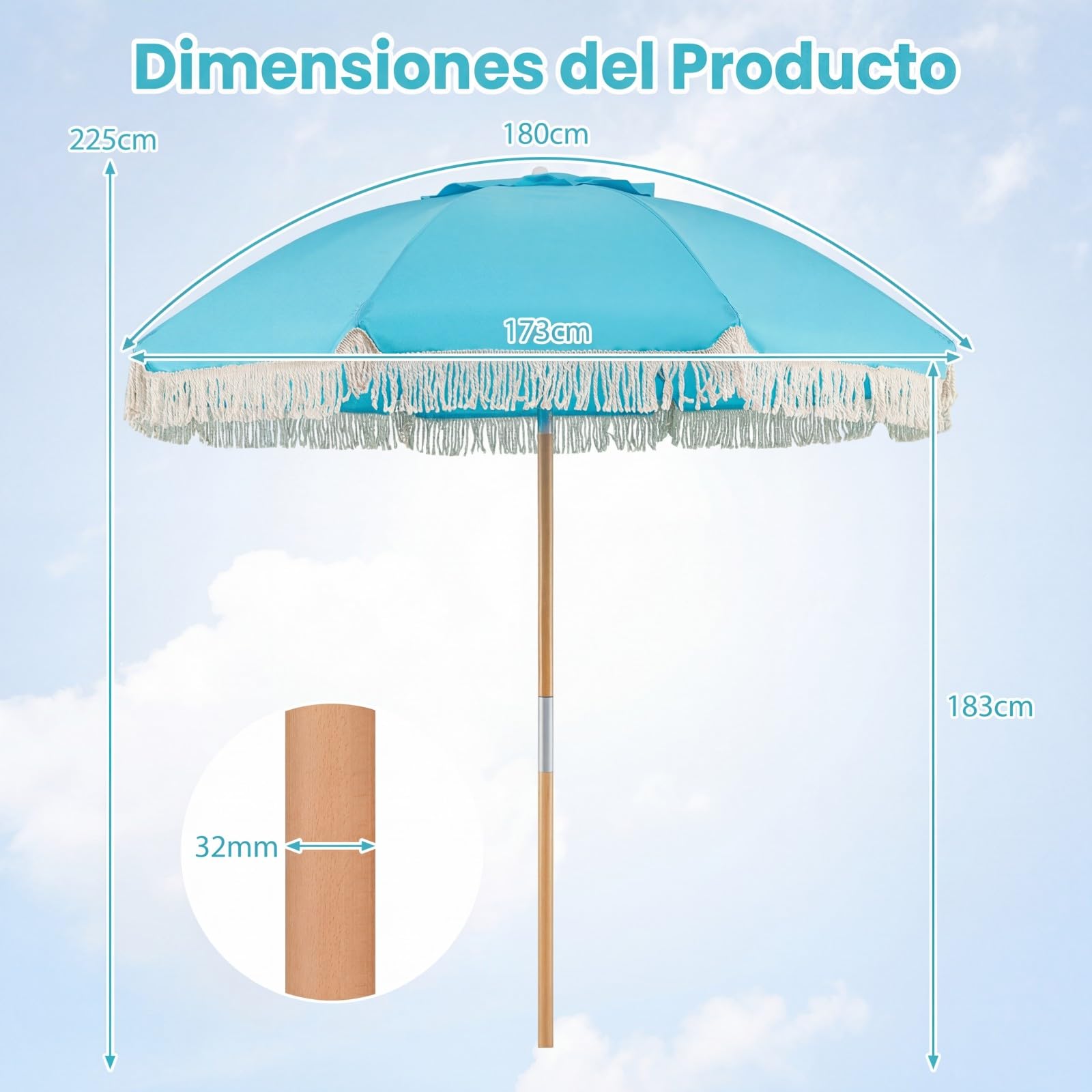 COSTWAY Sombrilla Playa Grande, 170 cm Sombrilla Terraza Exterior con Mástil de Madera, Inclinación 30°, 8 Varillas de Fibra de Vidrio y Borlas, Parasol Exterior de Flecos para Playa Jardín