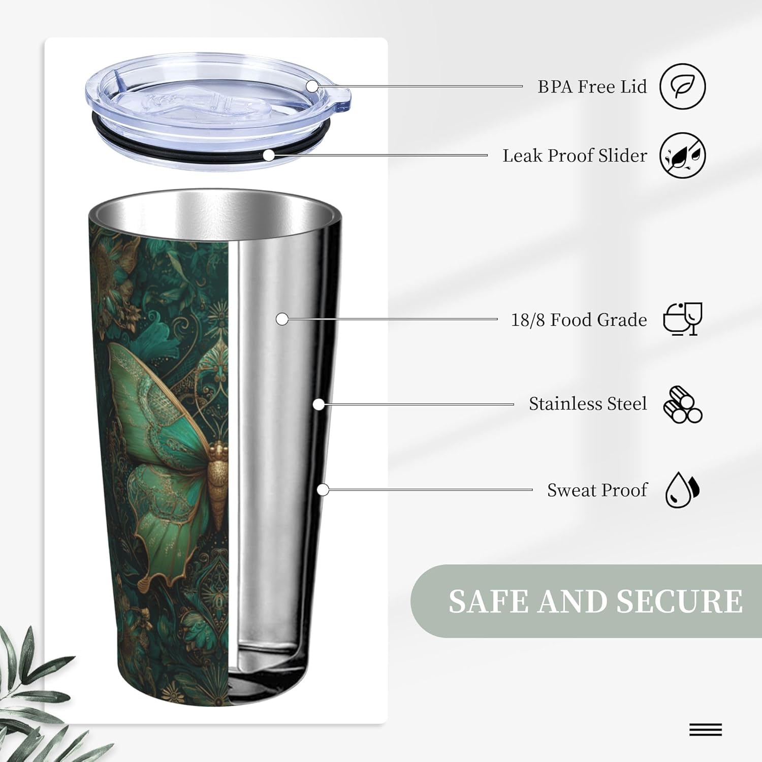 Moth Tumbler with Lid and Straw 20oz Vacuum Insulated Coffee Cup Stainless Steel Tumblers Leakproof Travel Mug Present for Women Men - Image 3