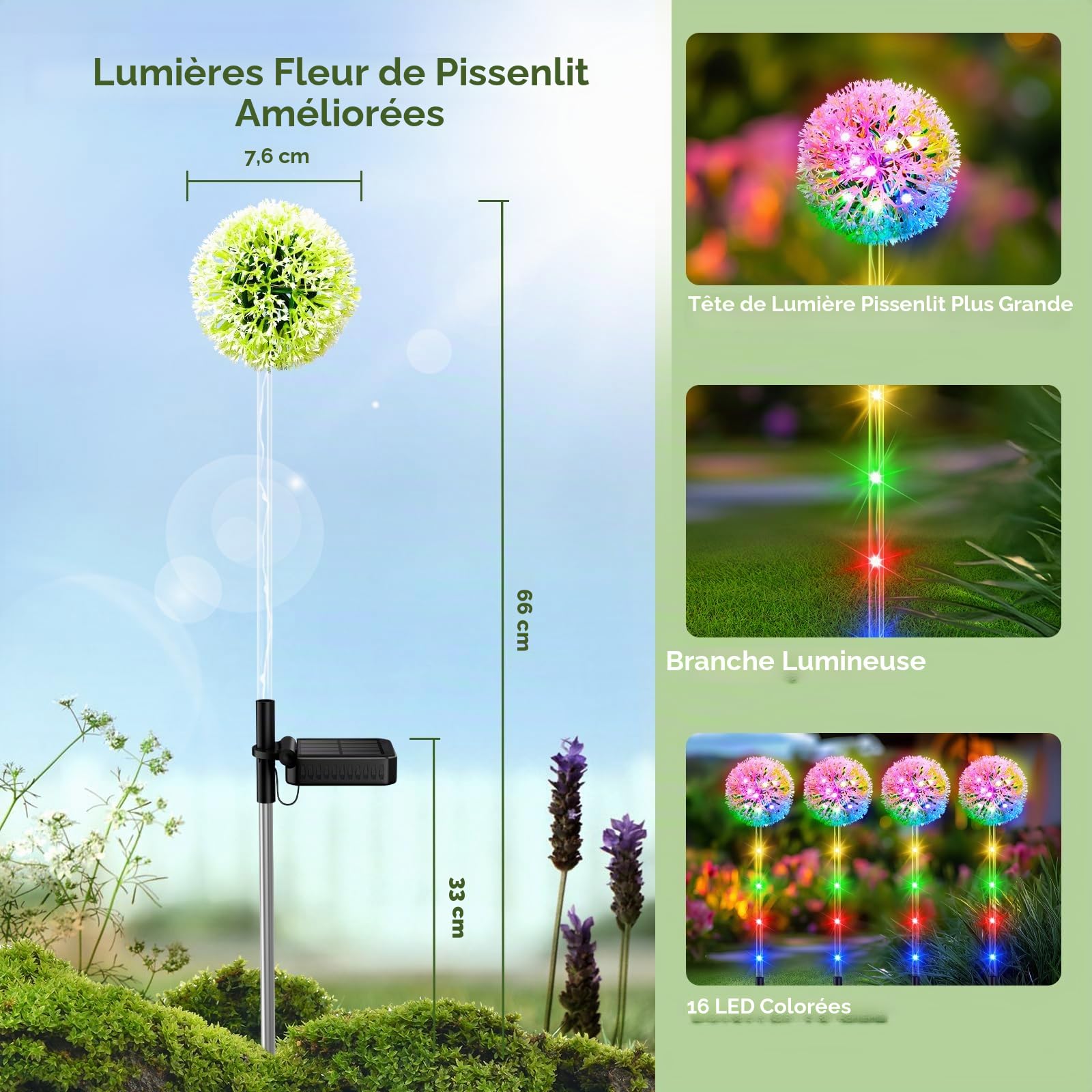 BUCASA Lampe Solaire Exterieur, 4 Pièces Upgraded Lumiere Solaire Pissenlit avec RGB LED, Étanche Solar Lumière Exterieur Jardin pour Pelouse, Balcon, Terrasse, Cour, Regalo