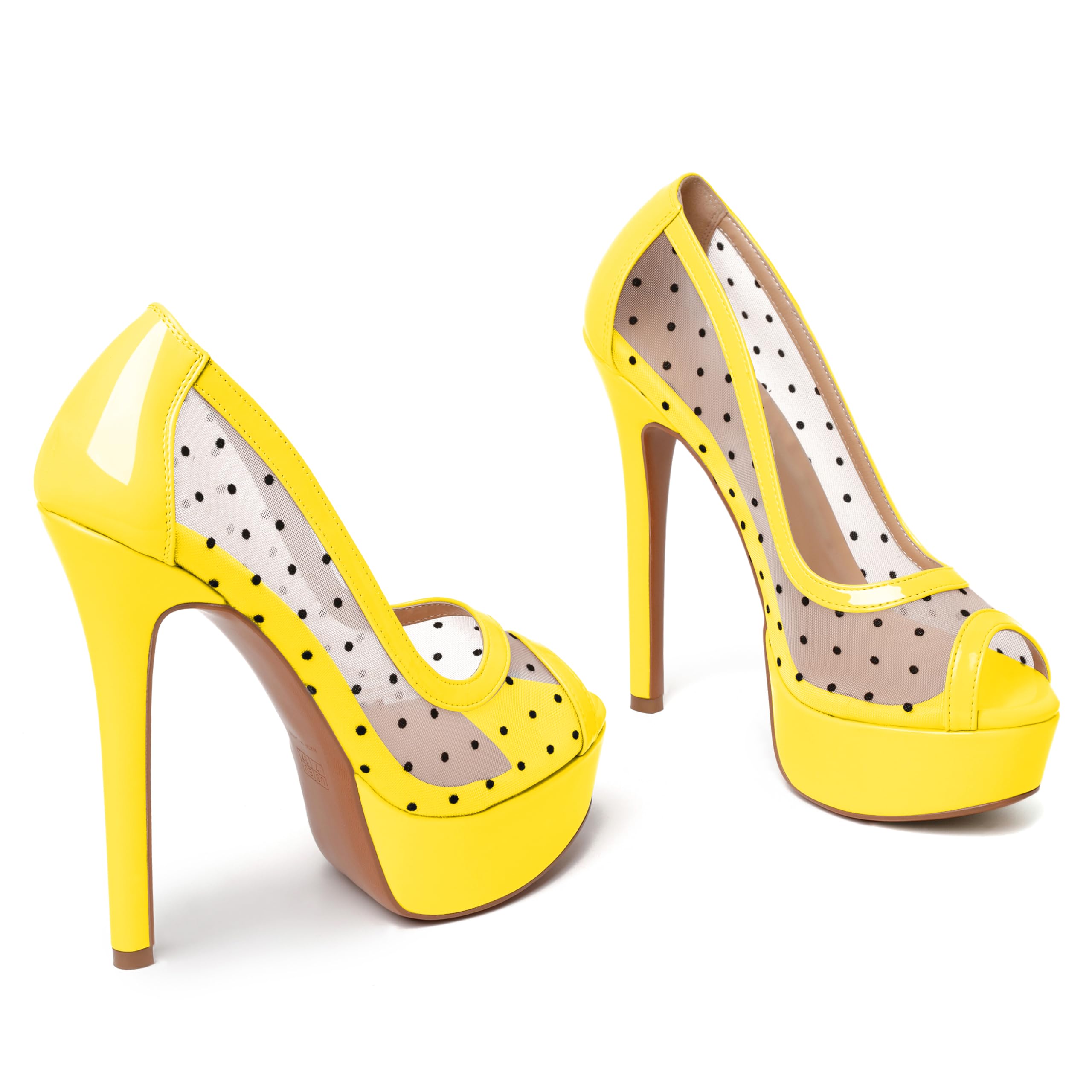 AUMOTED Women's Peep Toe High Heel Platform Stiletto Pumps Slip On Patent Mesh Polka Dot Heels 5.5" Party Wedding Dress Shoes: 9 Yellow