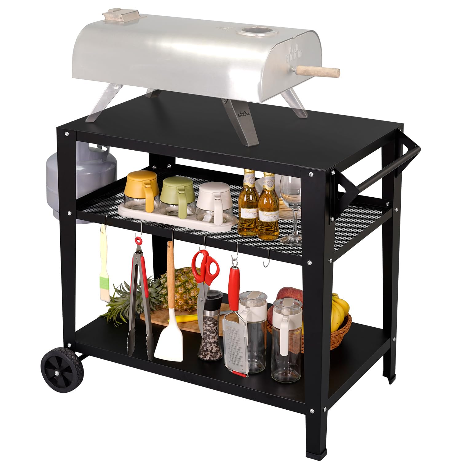 Black Outdoor Grill Table Pizza Oven Cart for Outside Grill Carts Outdoor with Wheels Three-Shelf Moveable Garden BBQ Kitchen Food Prep Table Carts