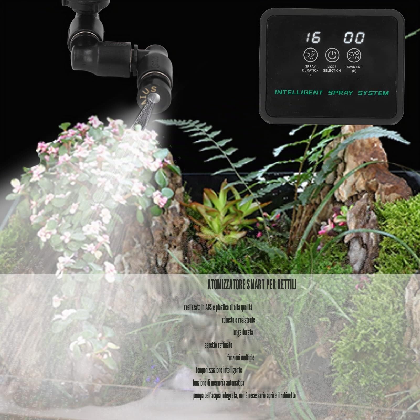 Umidificatori per rettili, nebulizzatore automatico per rettili intelligente con timer e ugelli a 360°, regolatore di umidità del di nebulizzazione per terrari di rettili