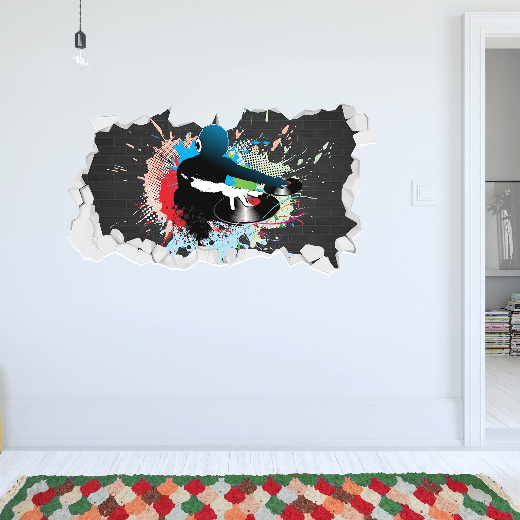 DJ Paint Splatter Broken Wall Sticker Art Decal Bedroom Music Mural Home (120cm Width x 60cm Height)