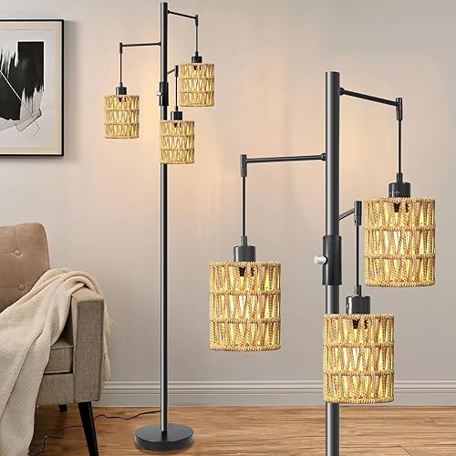 gernehop Lámparas de pie de ratán de 3 luces con interruptor de pie de encendidoapagado, lámpara de pie de árbol con pantallas de ratán de madera,