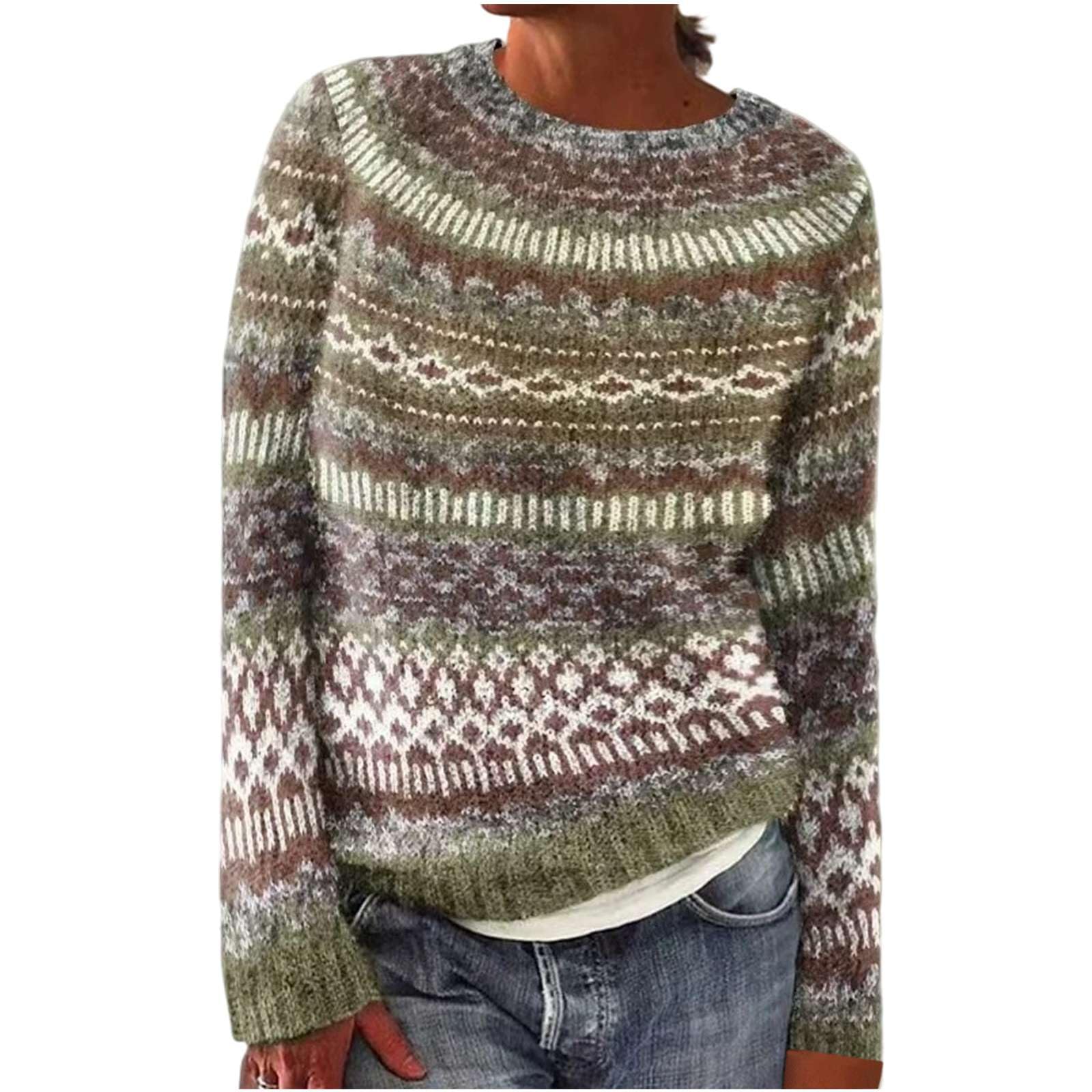 Womens Trendy Fair Isle Sweater Knitted Crewneck Long Sleeve Tops Oversized Casual Fall Winter Boho Vintage Pullover