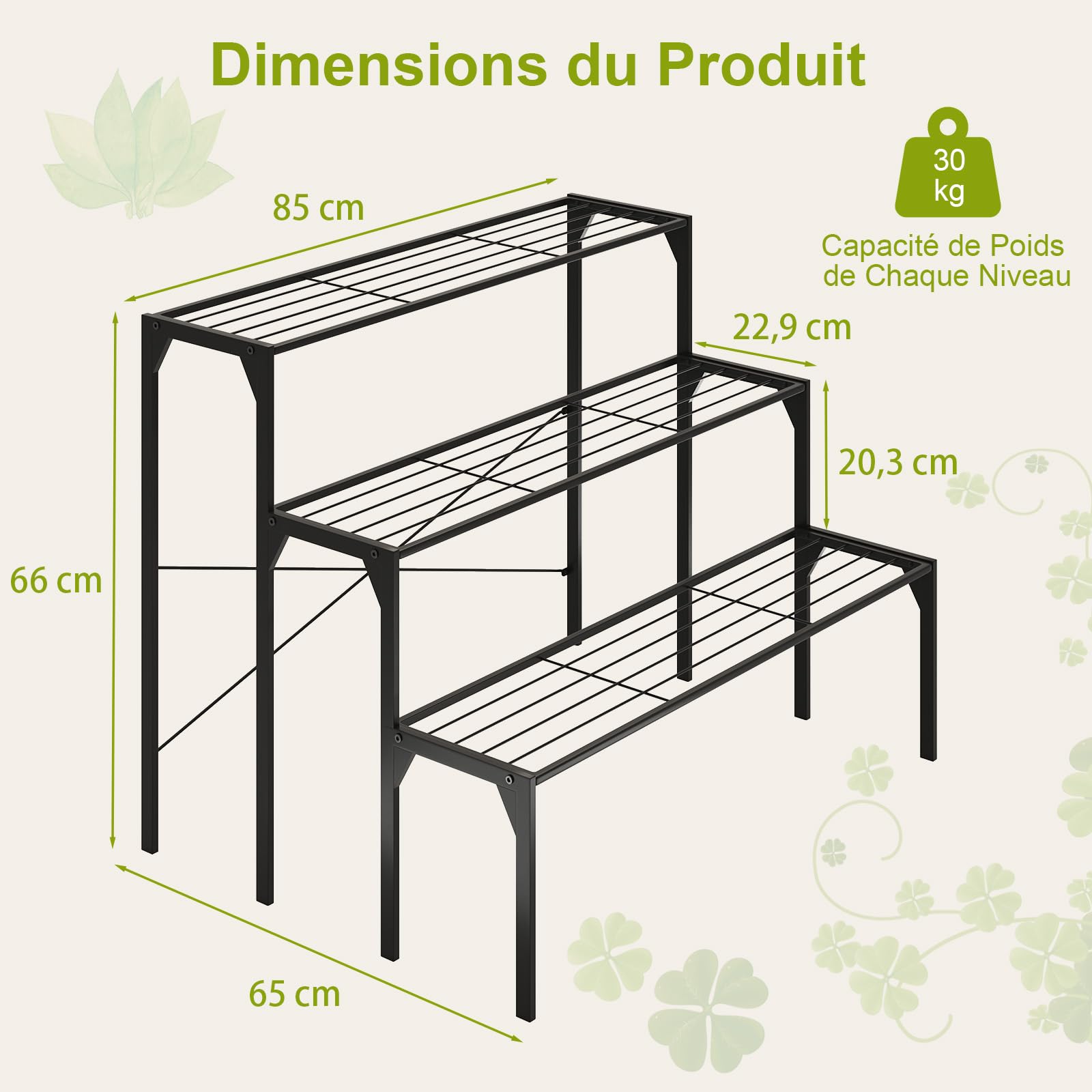 COSTWAY Support de Plantes en Métal à 3 Niveaux, Coussinets Antidérapants | Étagère Échelle à Fleurs pour Balcons, Terrasses, Jardins et Salons, 85 x 65 x 66 cm