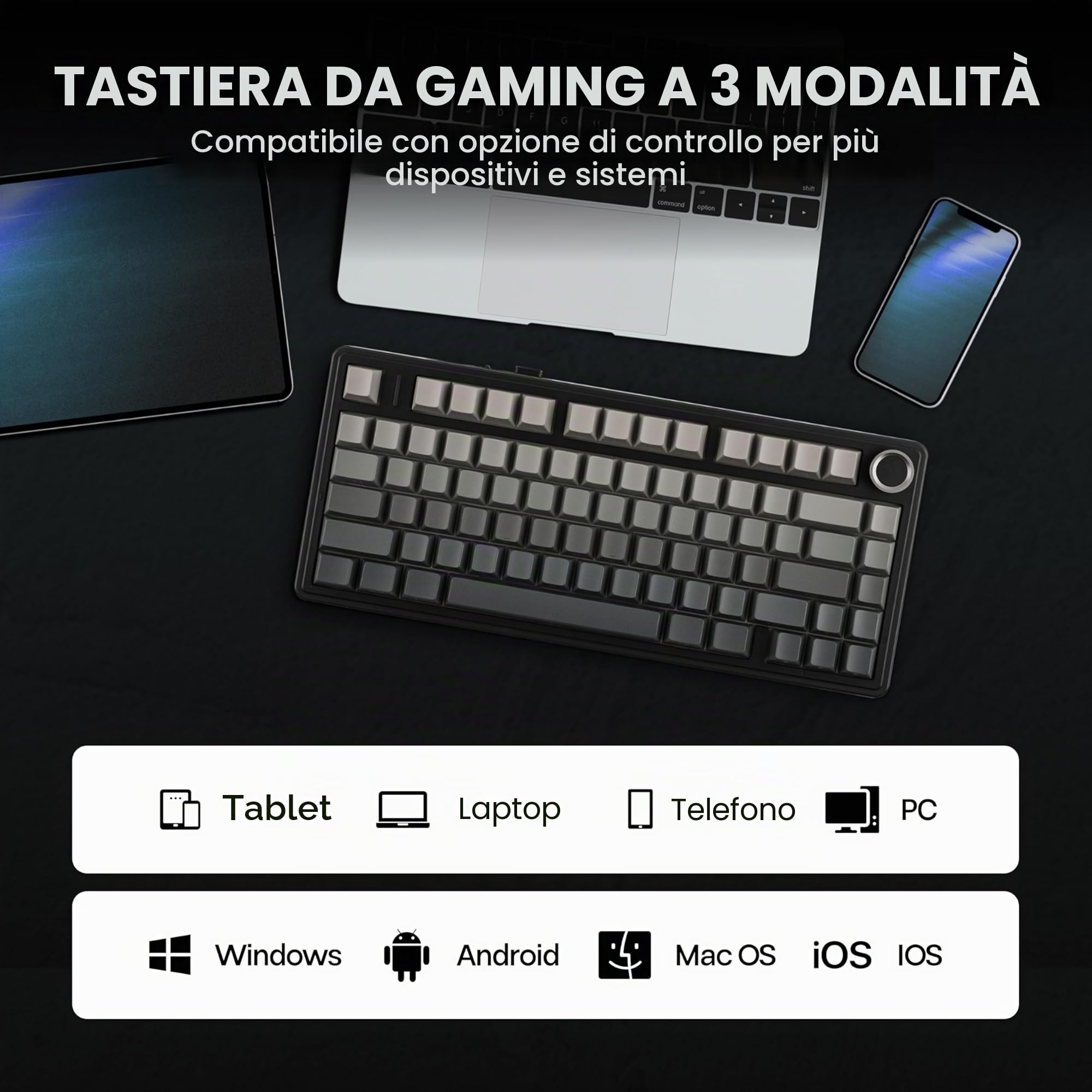 MechLands AULA F75 PRO - Tastiera meccanica 75% cremosa personalizzata BT5.0/USB-C/2,4 GHz, struttura della guarnizione, hot swap, manopola, RGB, interruttori Mietitore, per Windows/Mac (nero sfumato)